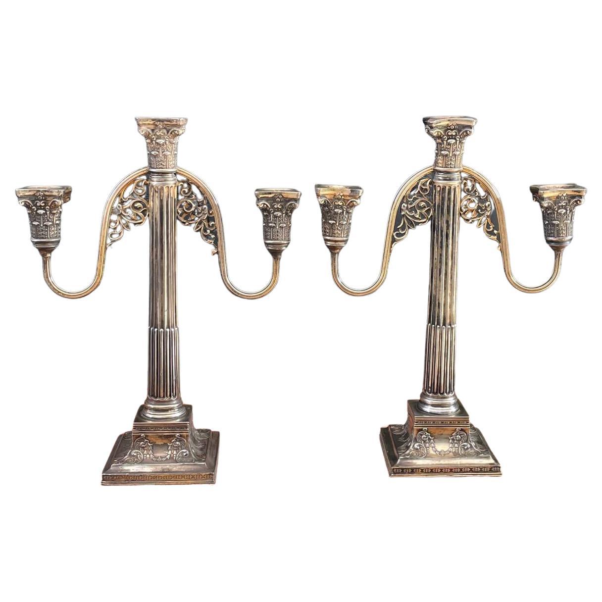 Pair of Antique Silver Plated Candle Holders For Sale