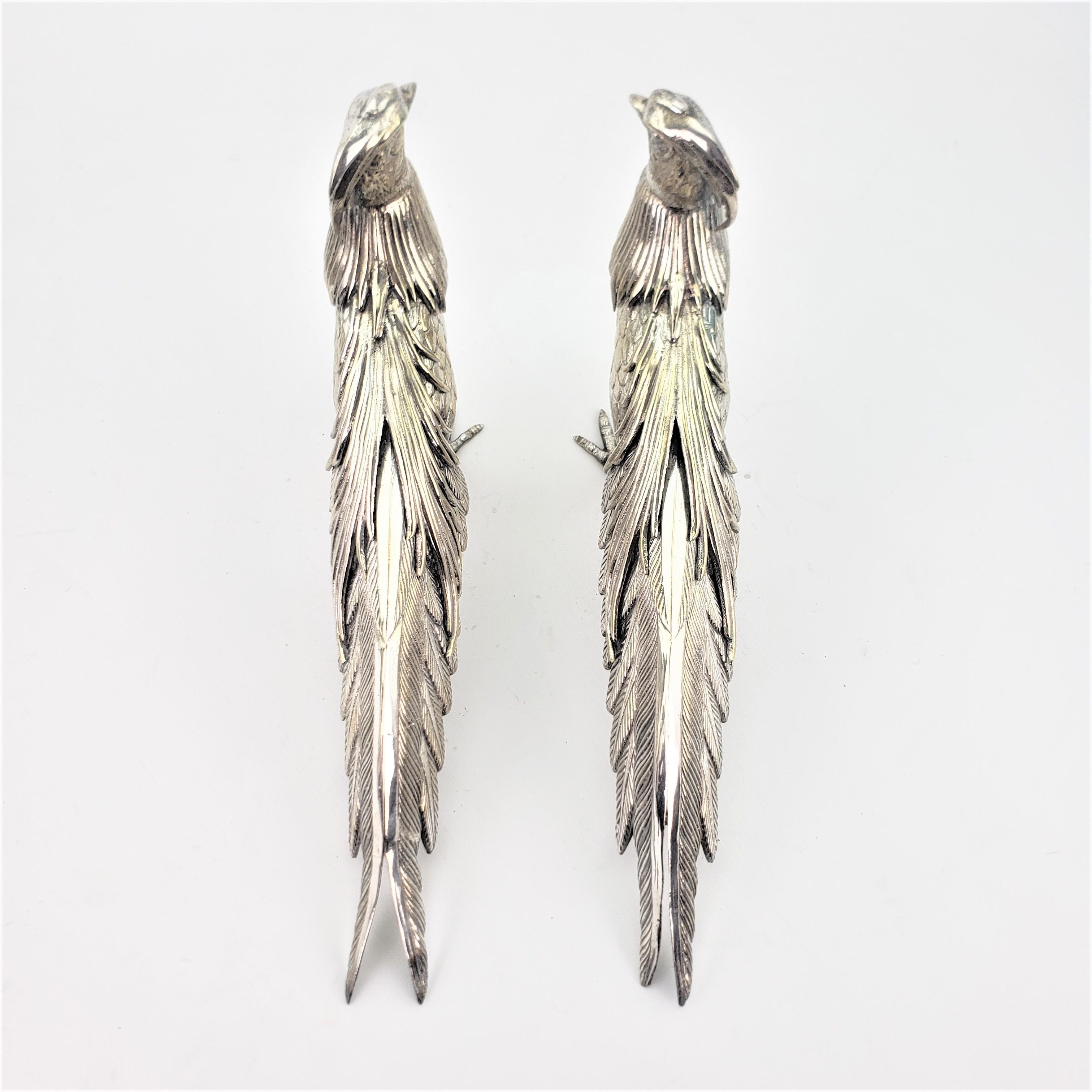 Italian Pair of Antique Silver Plated Decorative Exotic Bird or Pheasant Sculptures