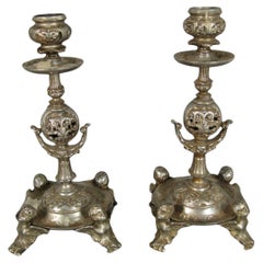 Pair of Antique Silver-Plated Metal Candelabra with Cherub Adornments -1Y81