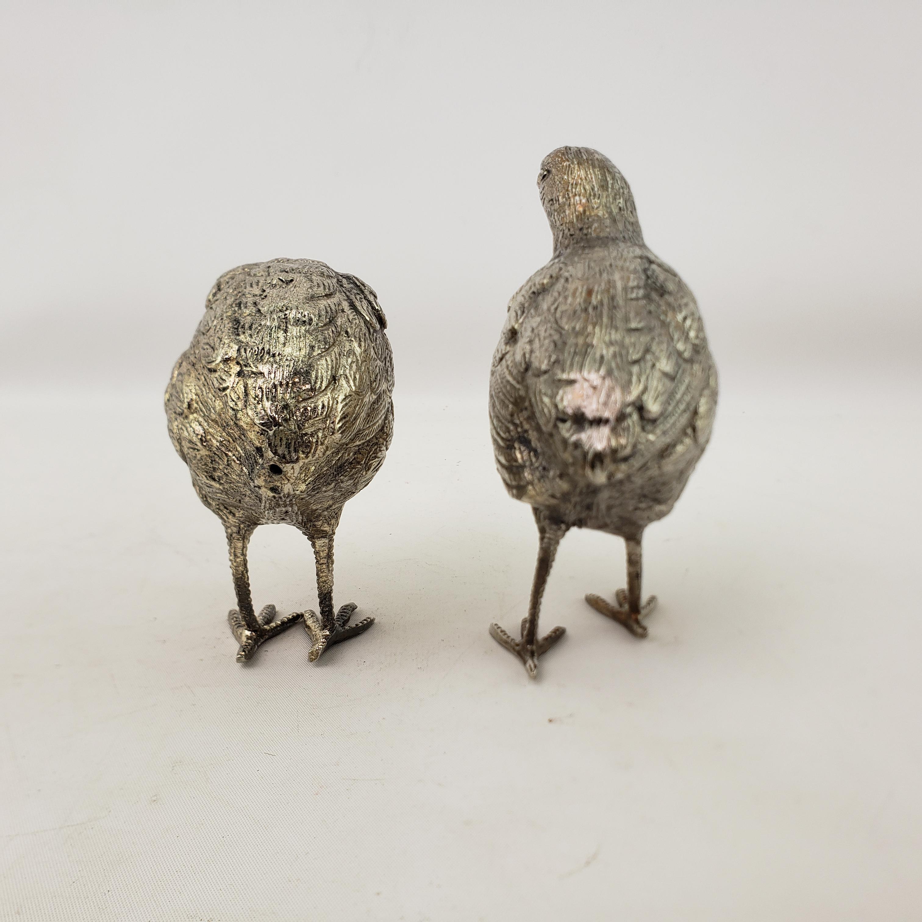 Italian Pair of Antique Silver Plated Quail or Game Bird Decorative Sculptures