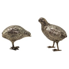 Pair of Antique Silver Plated Quail or Game Bird Decorative Sculptures