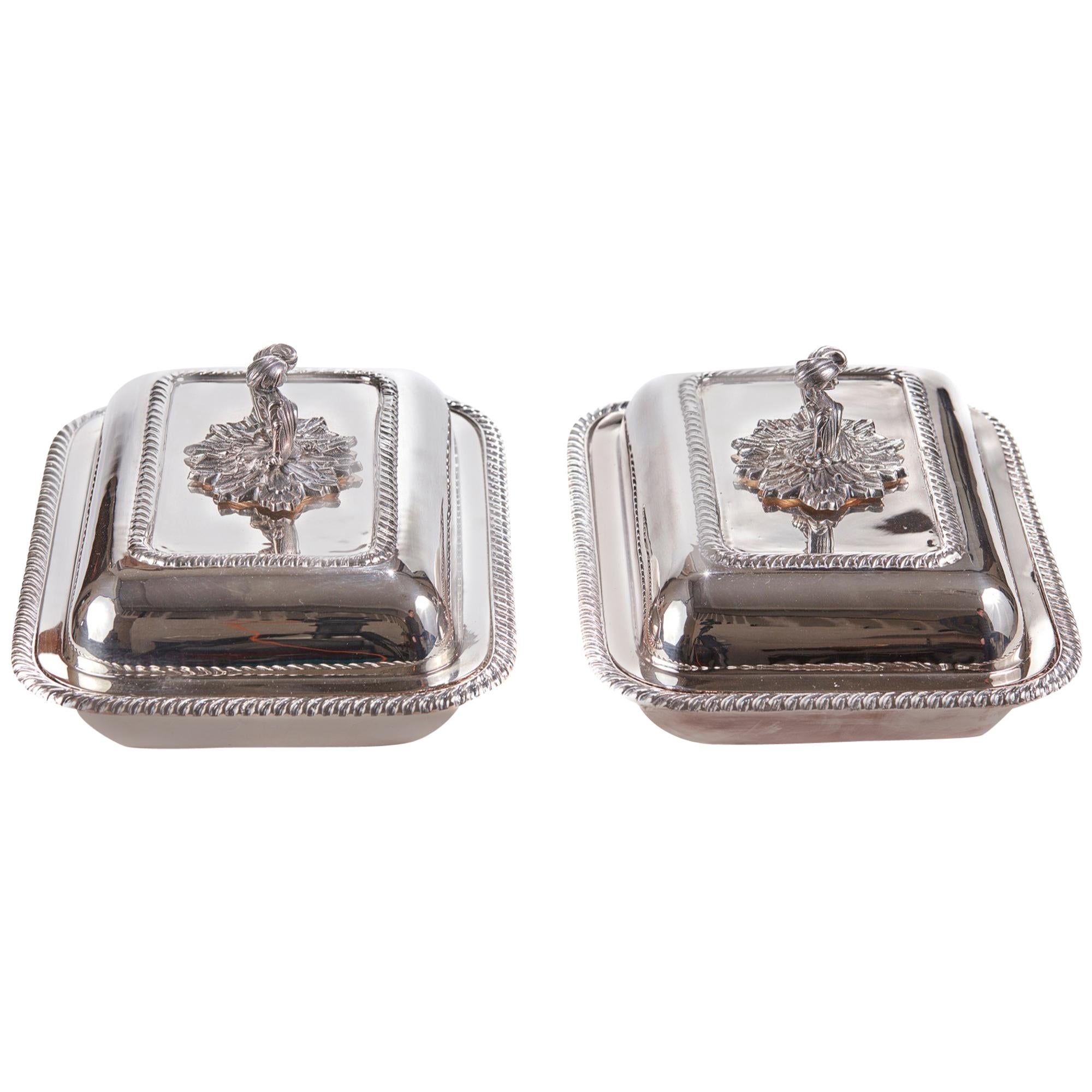 Pair of Antique Silver Plated Serving Dishes For Sale
