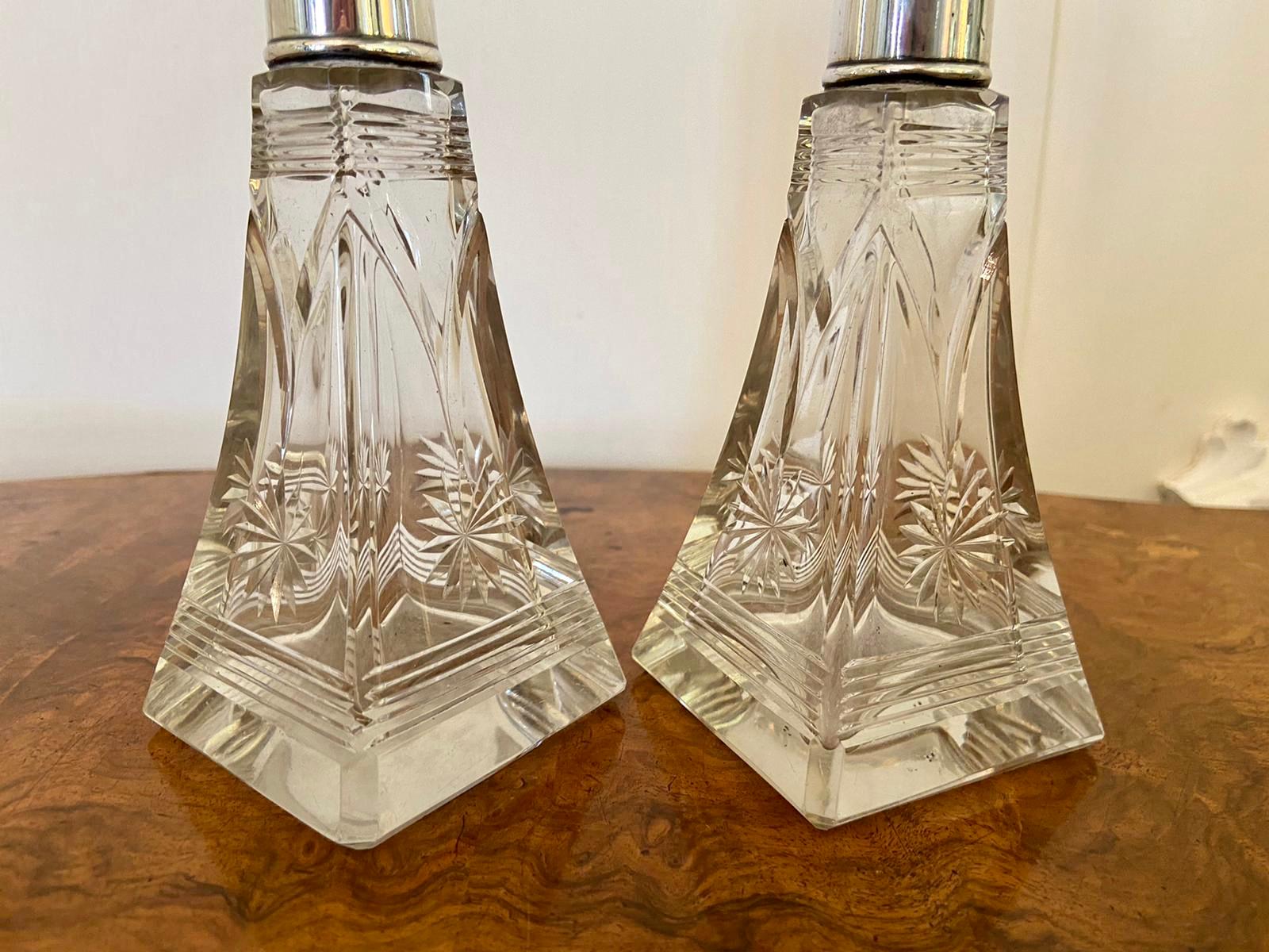 Pair of Antique Silver Topped Cut Glass Scent Bottles In Excellent Condition For Sale In Suffolk, GB