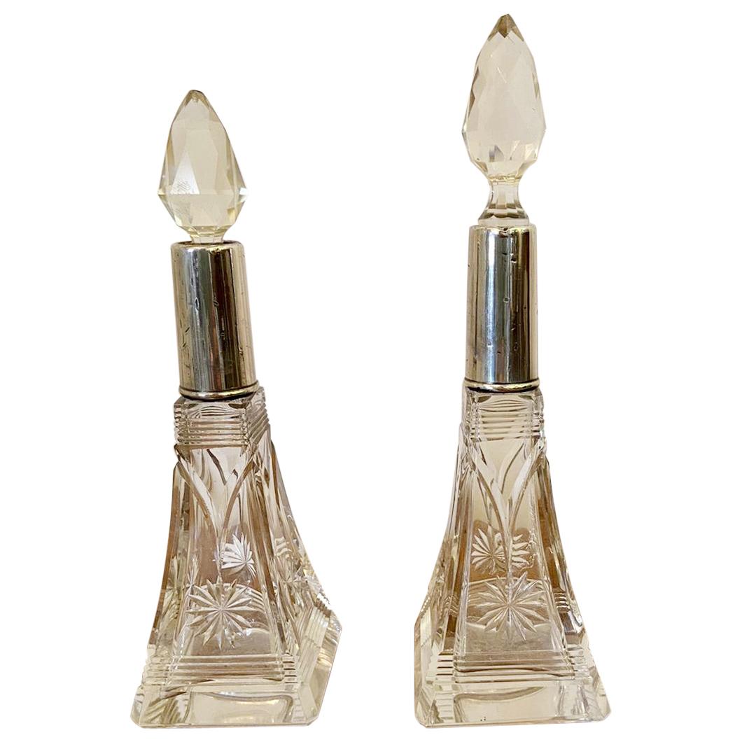 Pair of Antique Silver Topped Cut Glass Scent Bottles For Sale
