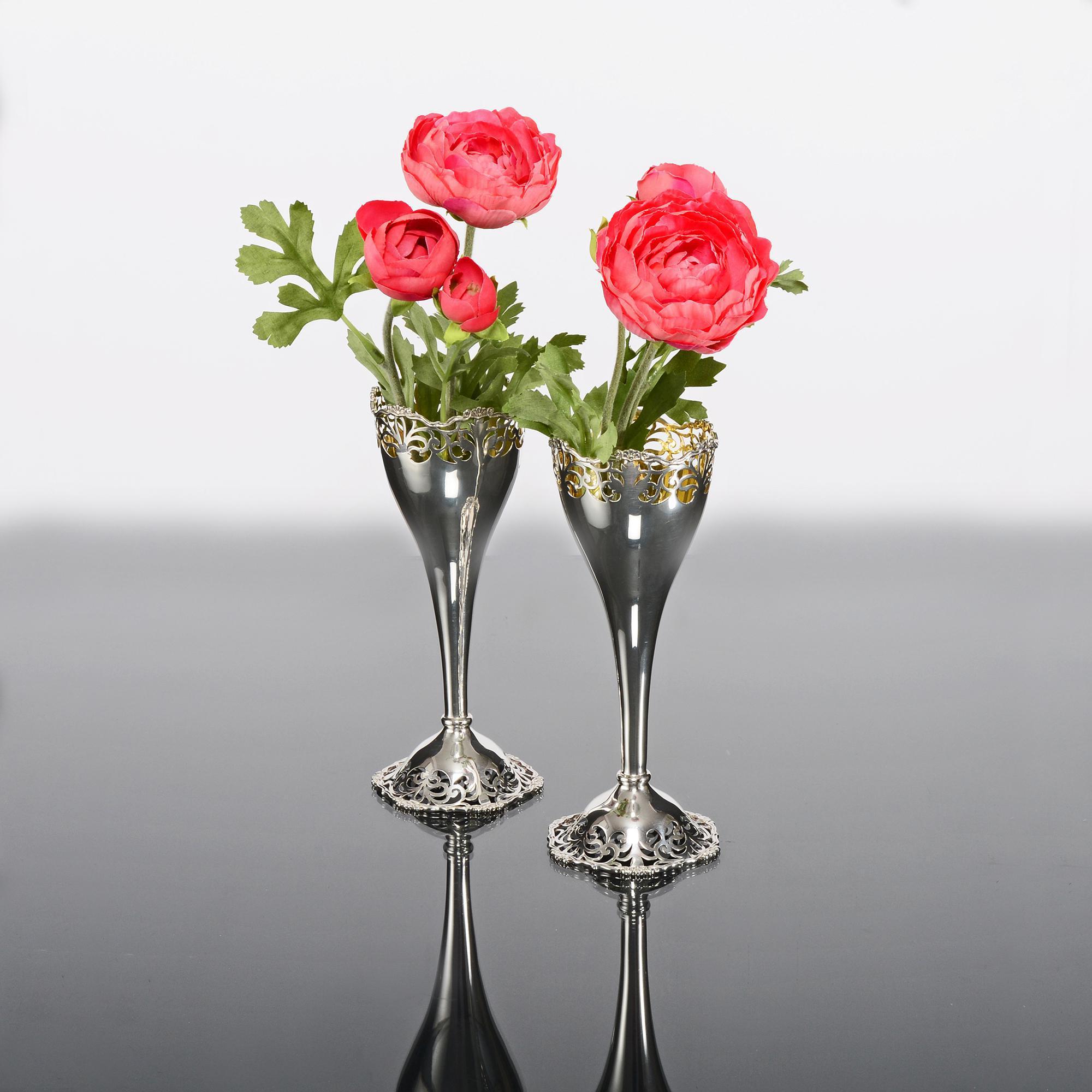European Pair of Antique Silver Vases with Hand-Pierced Decoration For Sale