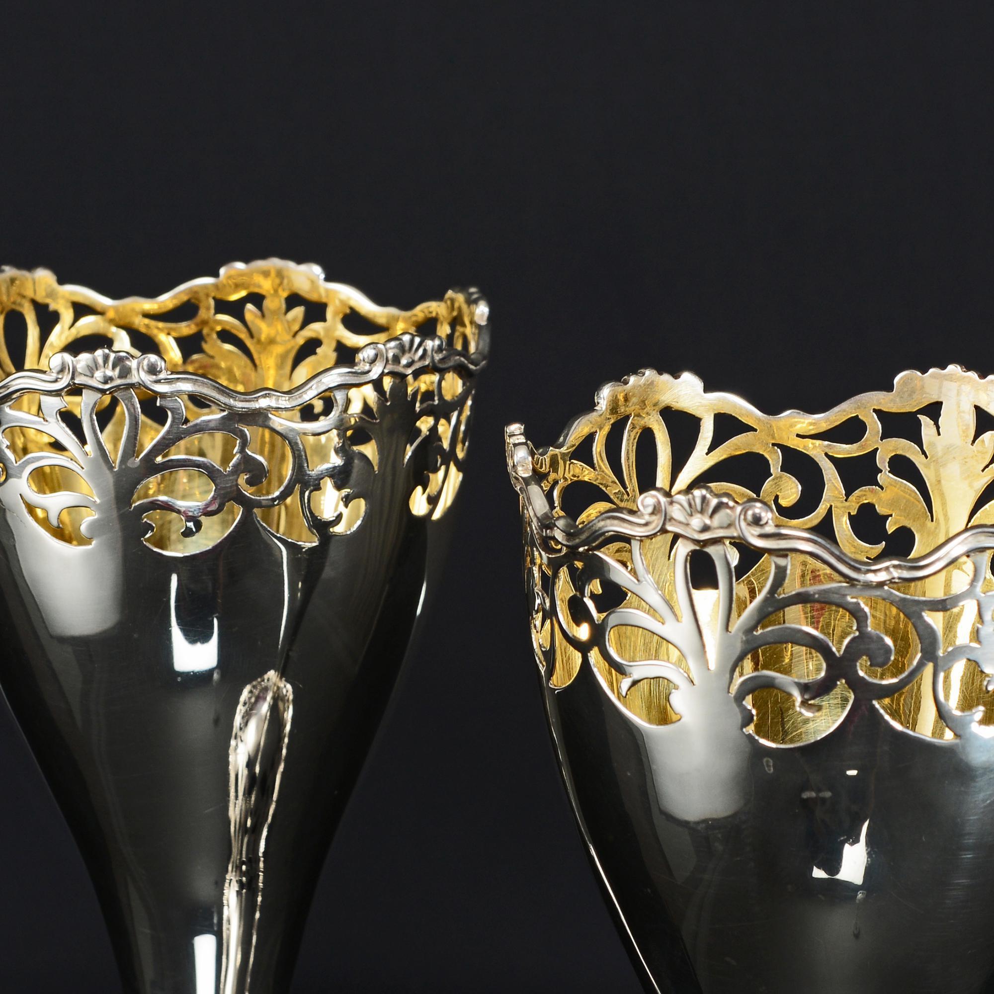 Early 20th Century Pair of Antique Silver Vases with Hand-Pierced Decoration For Sale