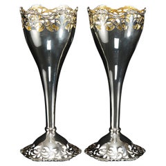 Pair of Antique Silver Vases with Hand-Pierced Decoration