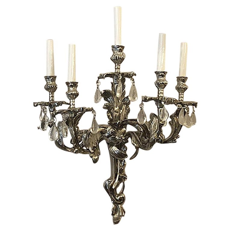 Pair Of Antique Silvered Bronze And Crystal French Wall Lights Silvered Bronze And Crystal French