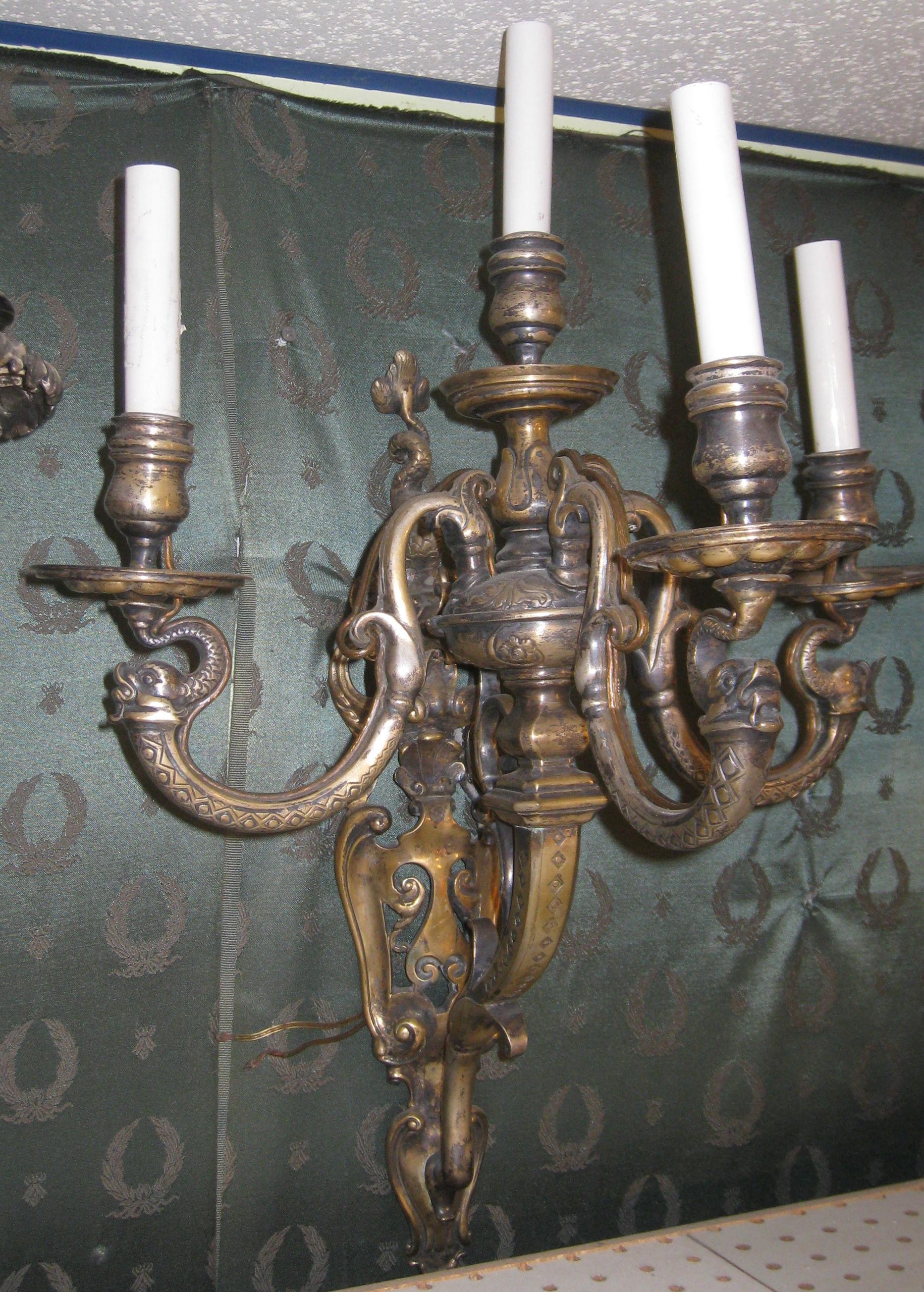 French Pair of Antique Silvered Bronze Three-Arm Wall Light Sconces in Moorish Style For Sale