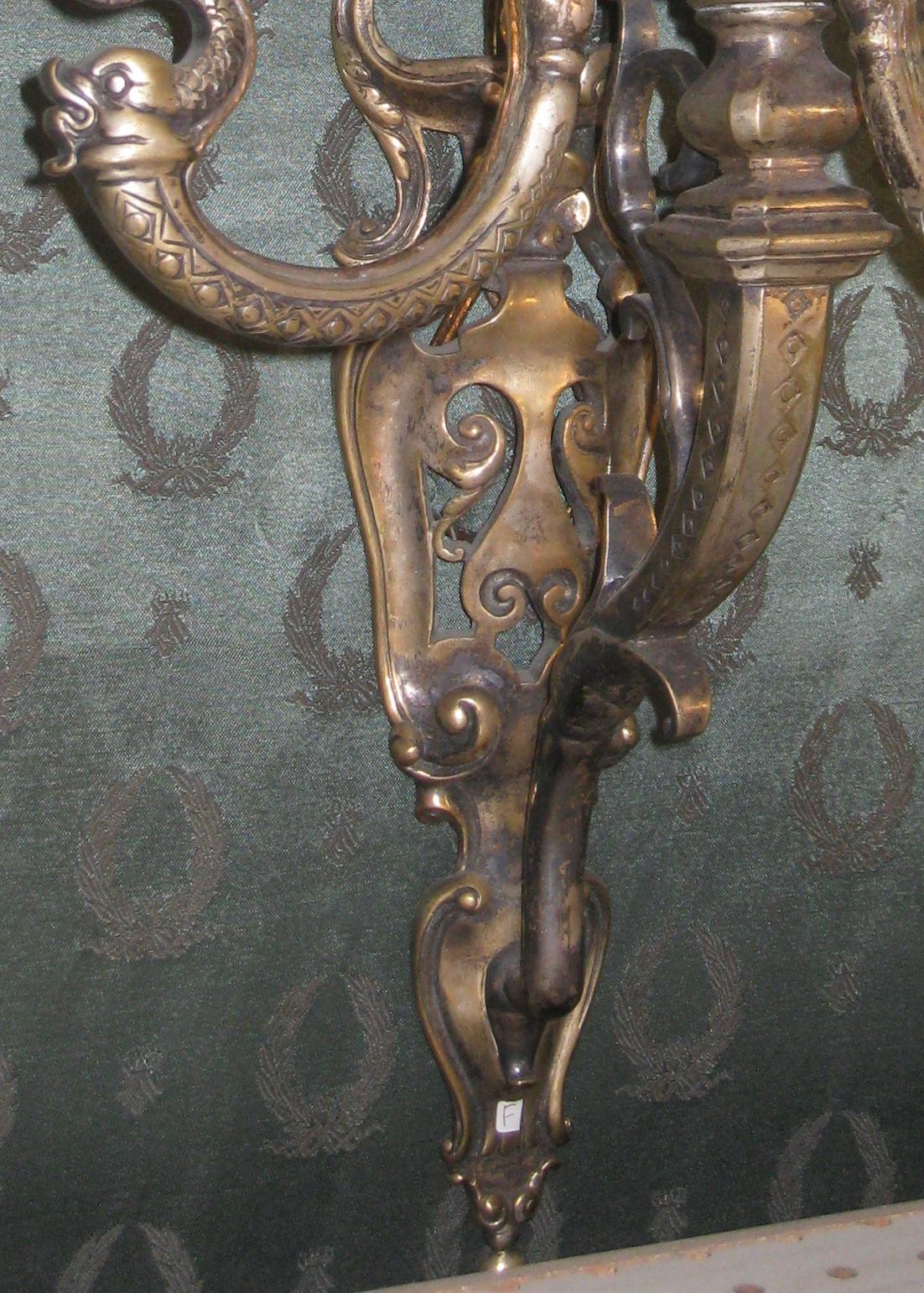 Pair of Antique Silvered Bronze Three-Arm Wall Light Sconces in Moorish Style In Excellent Condition For Sale In New York, NY