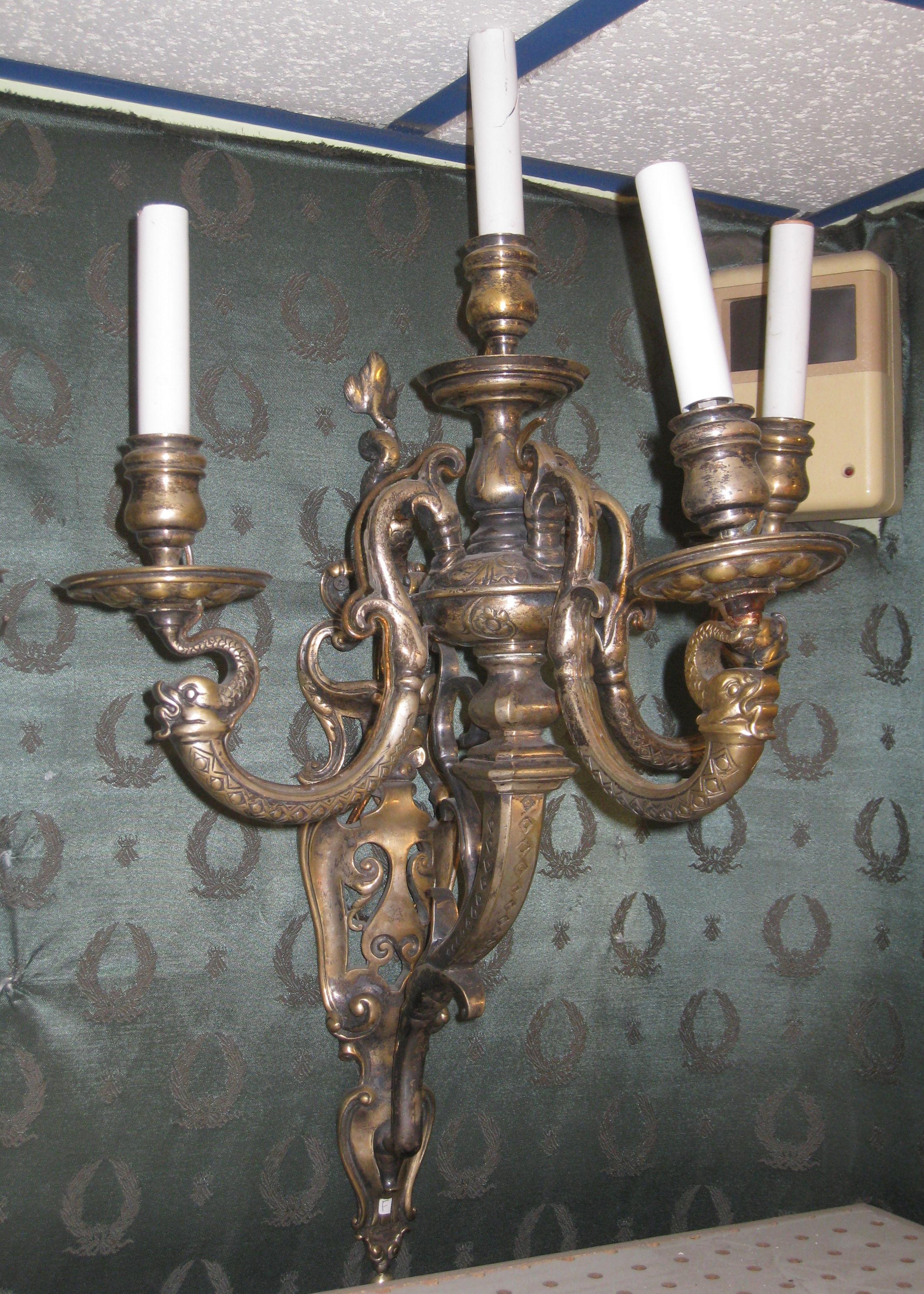 19th Century Pair of Antique Silvered Bronze Three-Arm Wall Light Sconces in Moorish Style For Sale