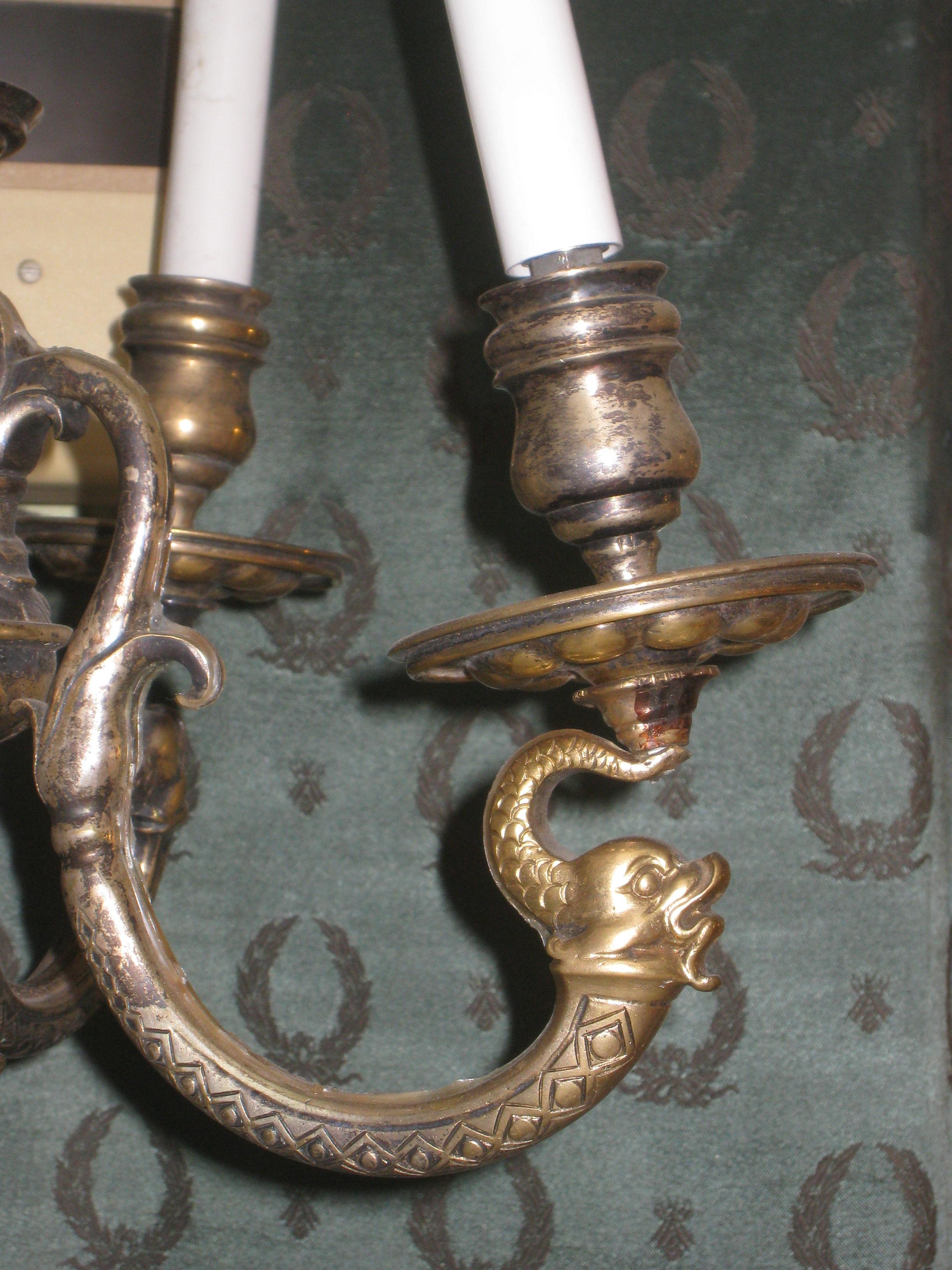 Pair of Antique Silvered Bronze Three-Arm Wall Light Sconces in Moorish Style For Sale 3