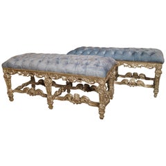 Pair of Antique Silvered French Regence Style Banquettes with Blue Tufted Velour