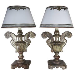Pair of Antique Silvered Urn Lamps with Parchment Shades