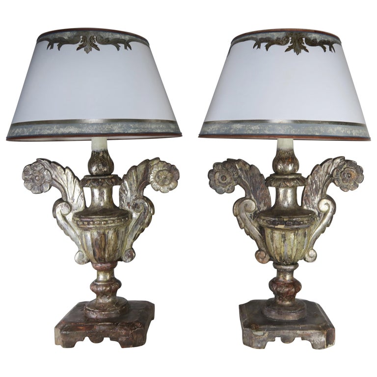 Pair of Antique Silvered Urn Lamps with Parchment Shades at 1stDibs