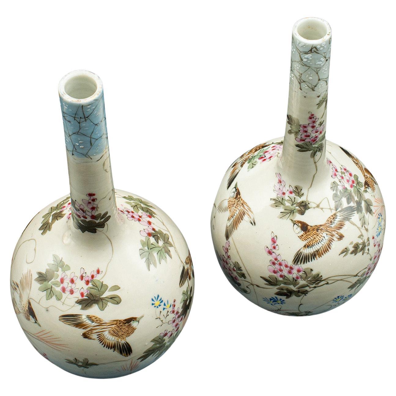 Pair Of Antique Single Stem Vases, Japanese, Ceramic, Meiji Period, Victorian For Sale