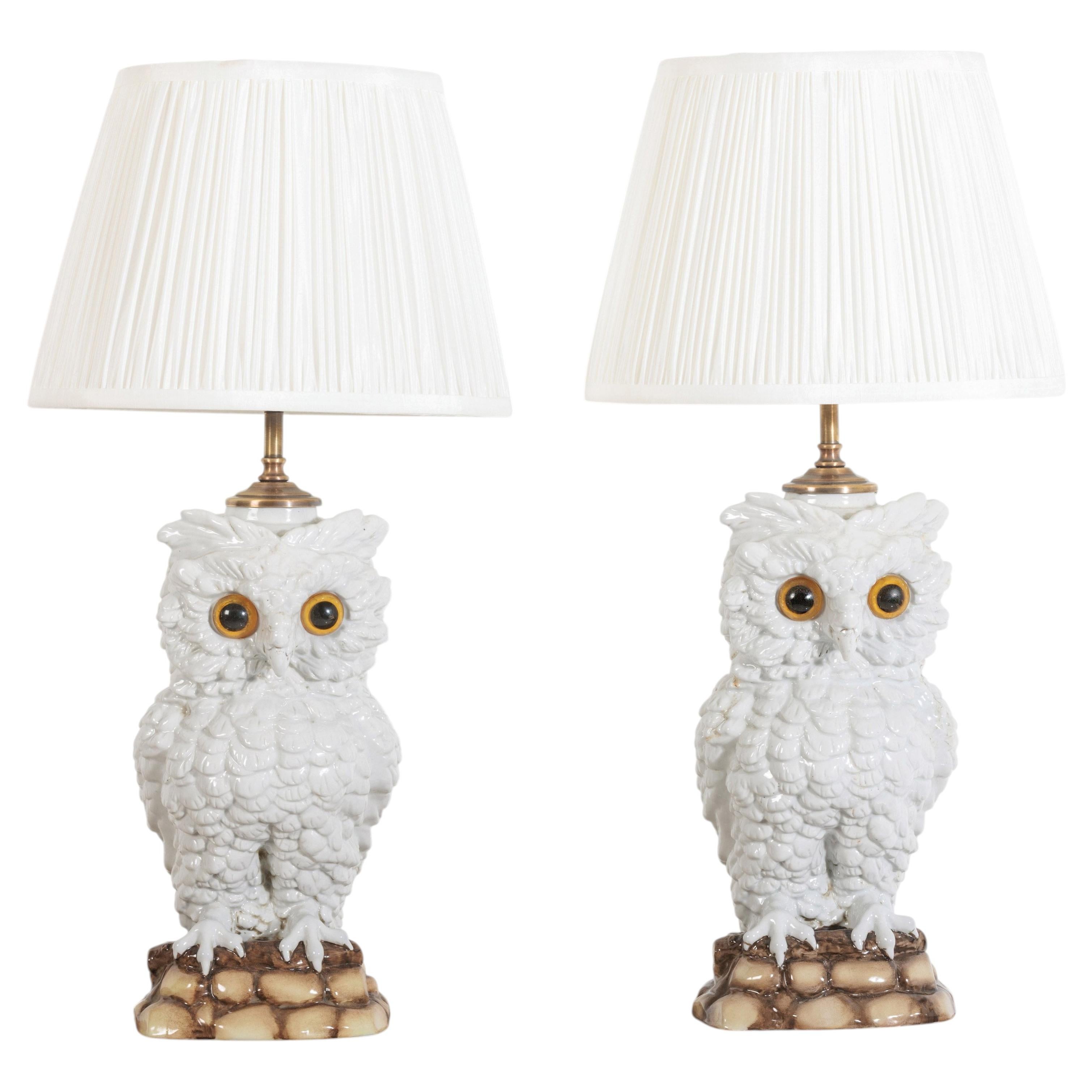Late 19th Century Sitzendorf Porcelain Owl Lamps, Germany, Circa 1890 For Sale