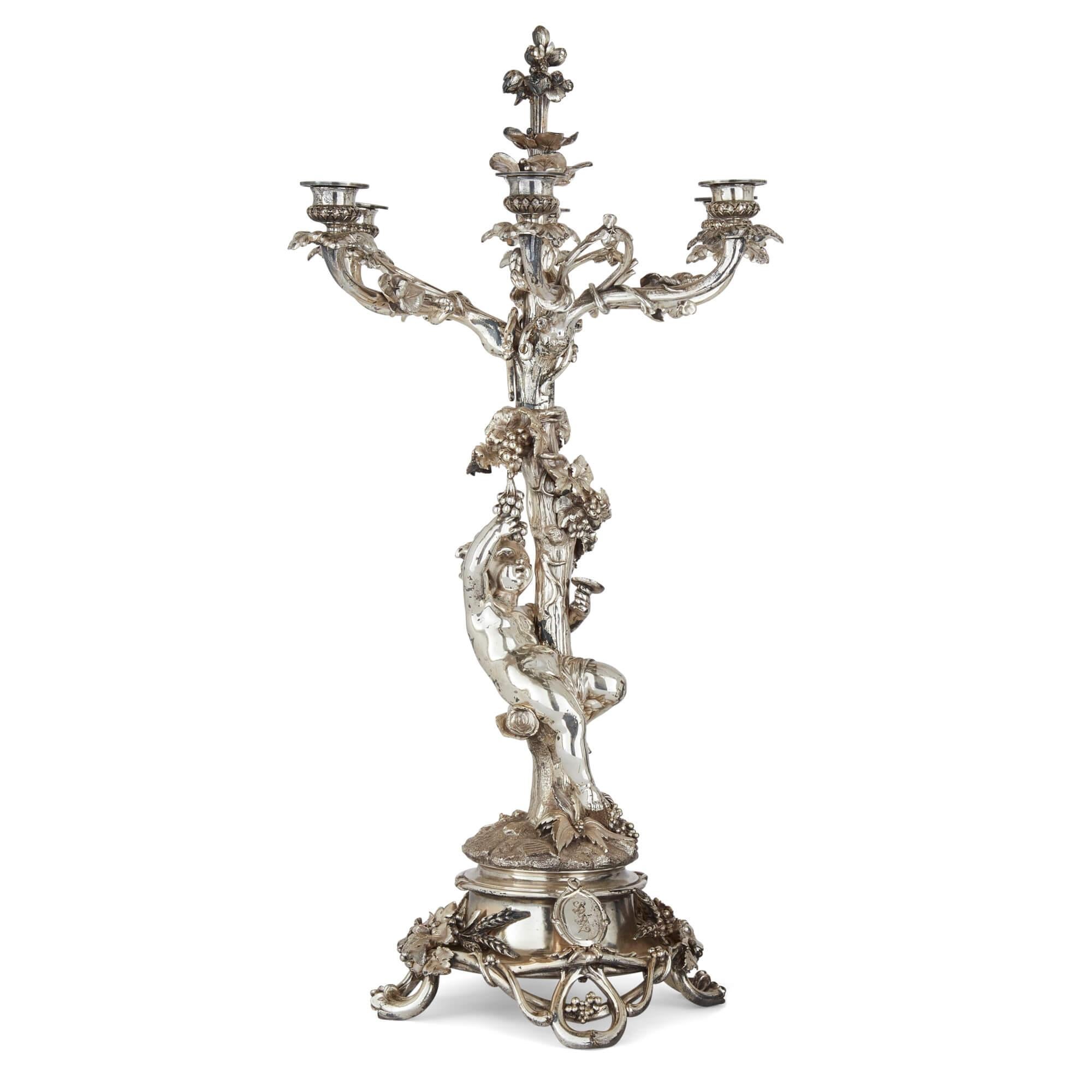 Rococo Pair of Antique Six-Light Silvered Bronze Candelabra by Christofle For Sale