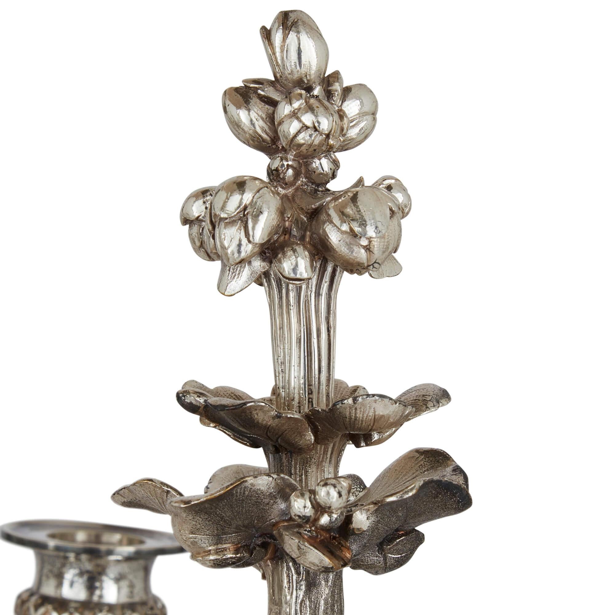 Pair of Antique Six-Light Silvered Bronze Candelabra by Christofle For Sale 1