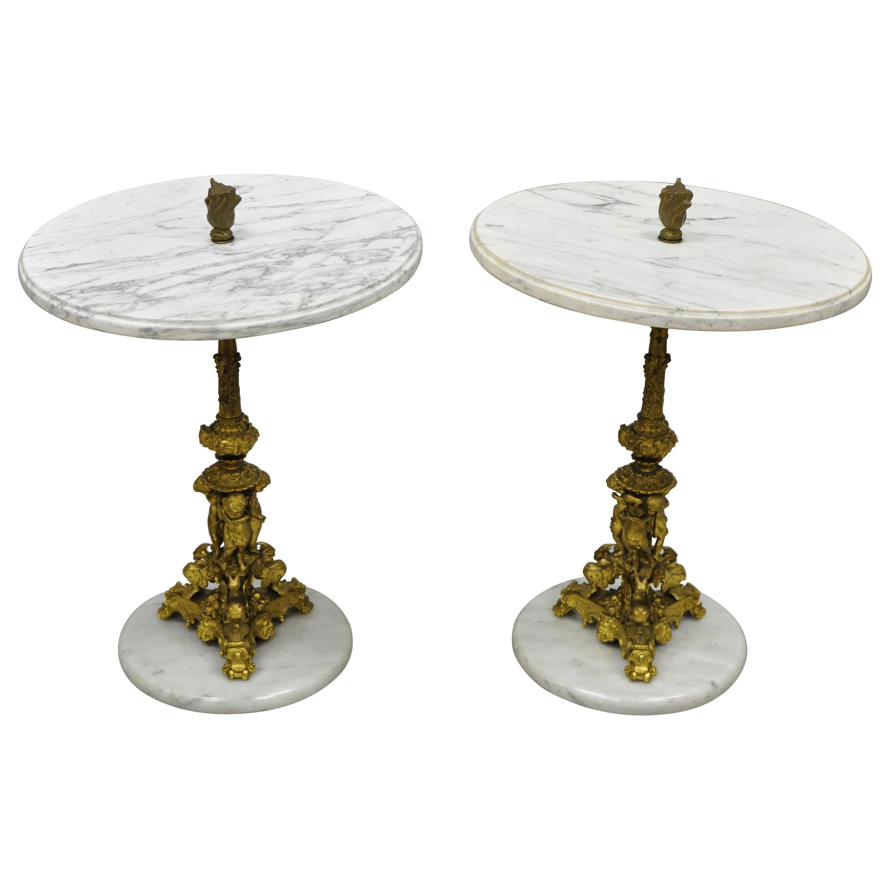 Pair of Antique Small Bronze and Marble Figural Italian Renaissance Side Tables