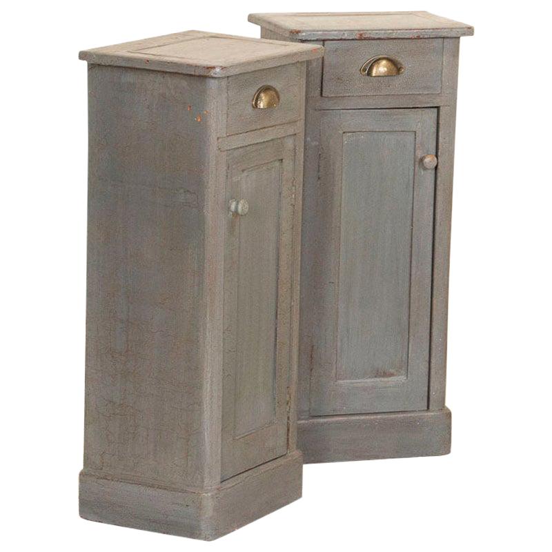 Pair of Antique Small Narrow Original Gray Painted Nightstands