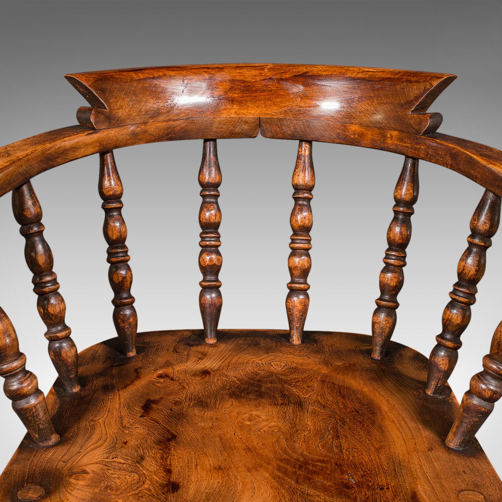 Pair Of Antique Smoker's Bow Chairs, English Beech Captain's Armchair, Victorian 4