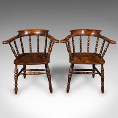 Pair Of Antique Smoker's Bow Chairs, English Beech Captain's Armchair, Victorian