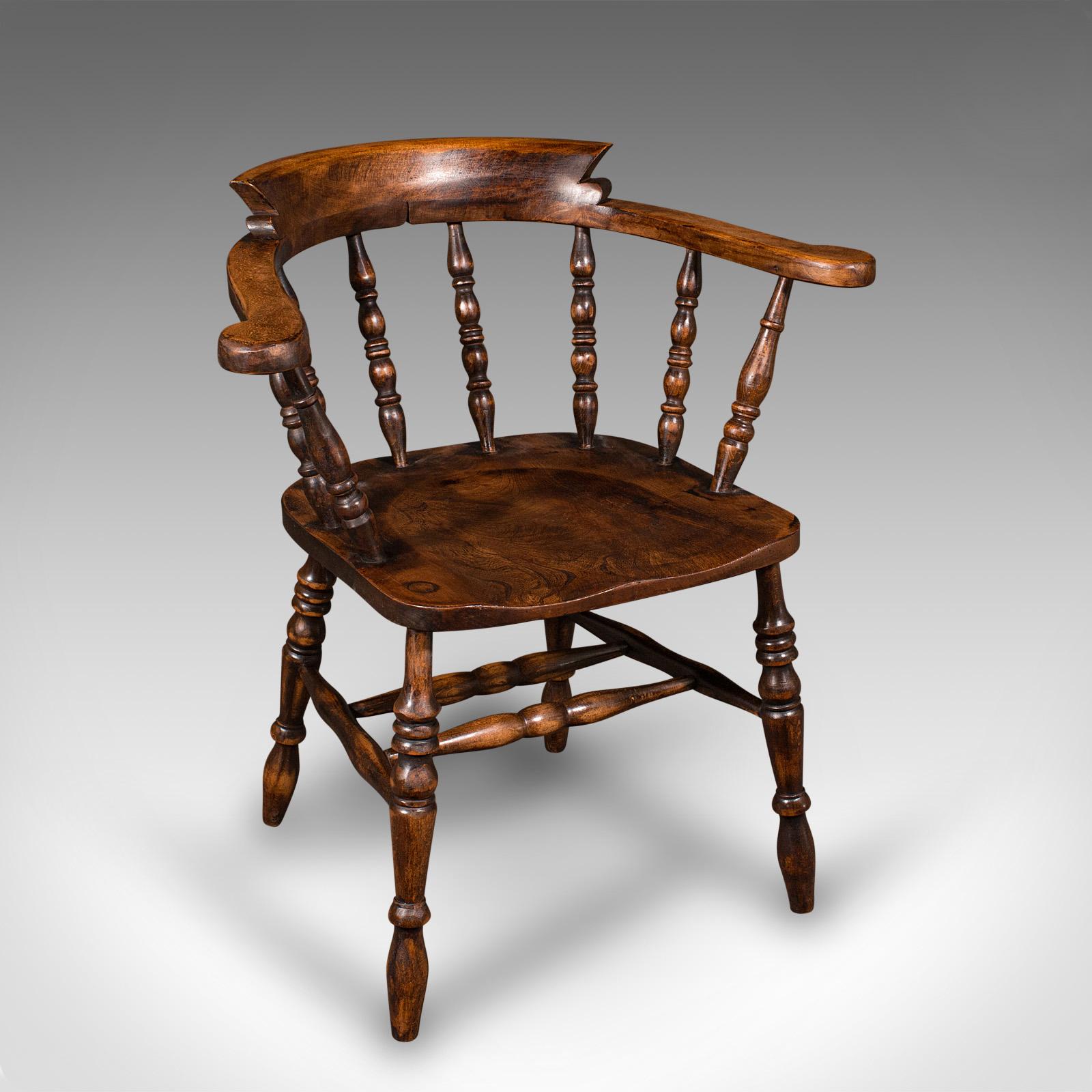 Late Victorian Pair Of Antique Smoker's Bow Chairs, English Beech Captain's Armchair, Victorian