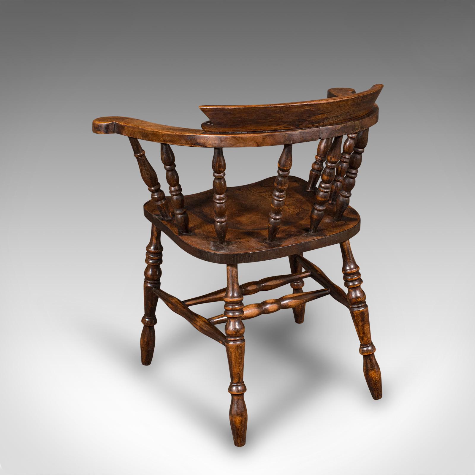 British Pair Of Antique Smoker's Bow Chairs, English Beech Captain's Armchair, Victorian