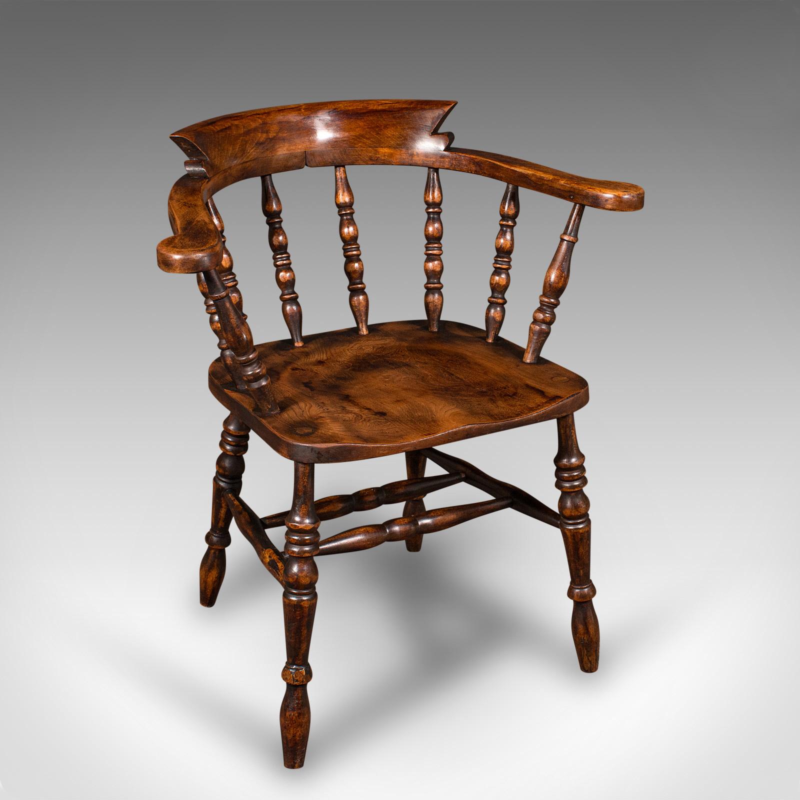 Pair Of Antique Smoker's Bow Chairs, English Beech Captain's Armchair, Victorian In Good Condition In Hele, Devon, GB