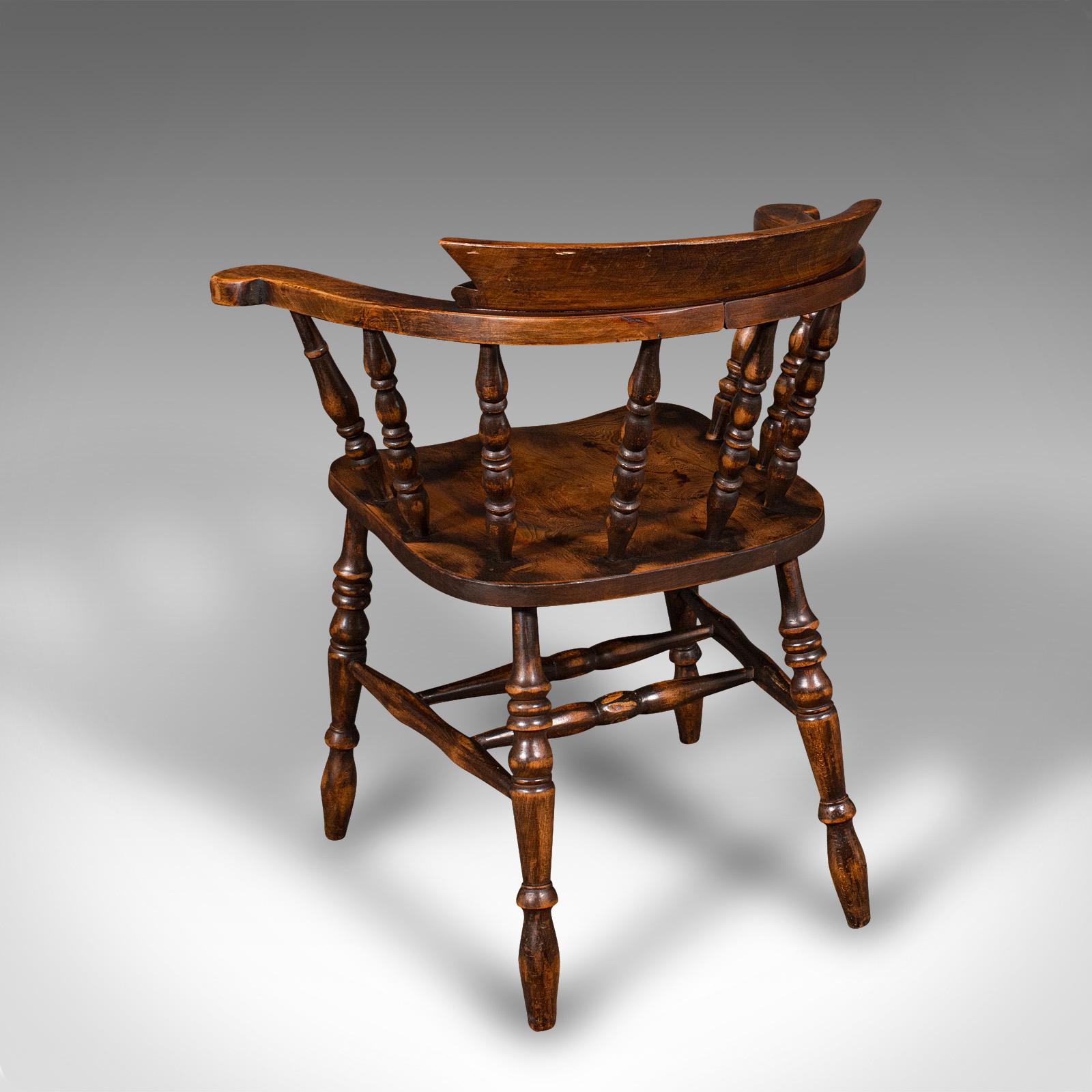 19th Century Pair Of Antique Smoker's Bow Chairs, English Beech Captain's Armchair, Victorian