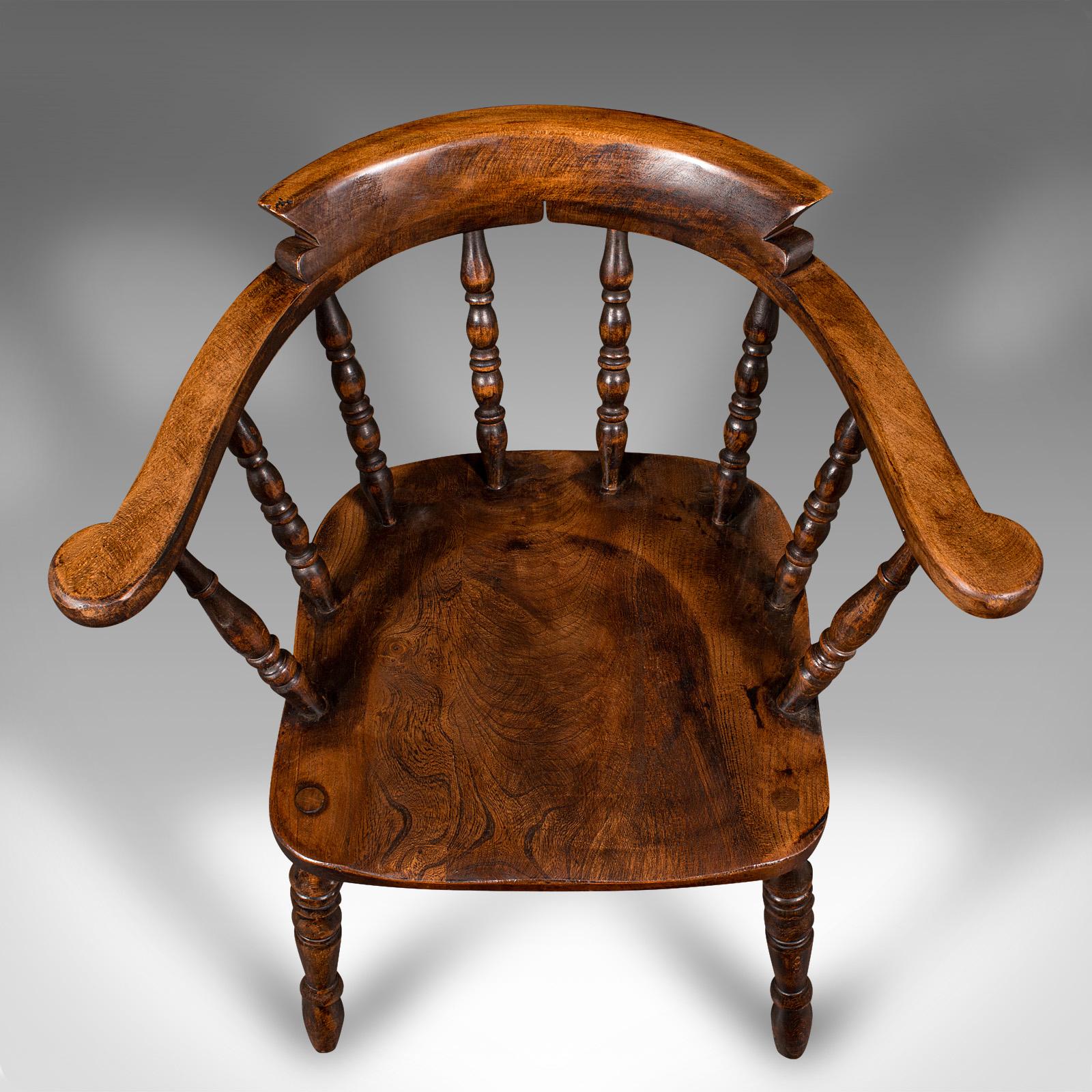Pair Of Antique Smoker's Bow Chairs, English Beech Captain's Armchair, Victorian 1