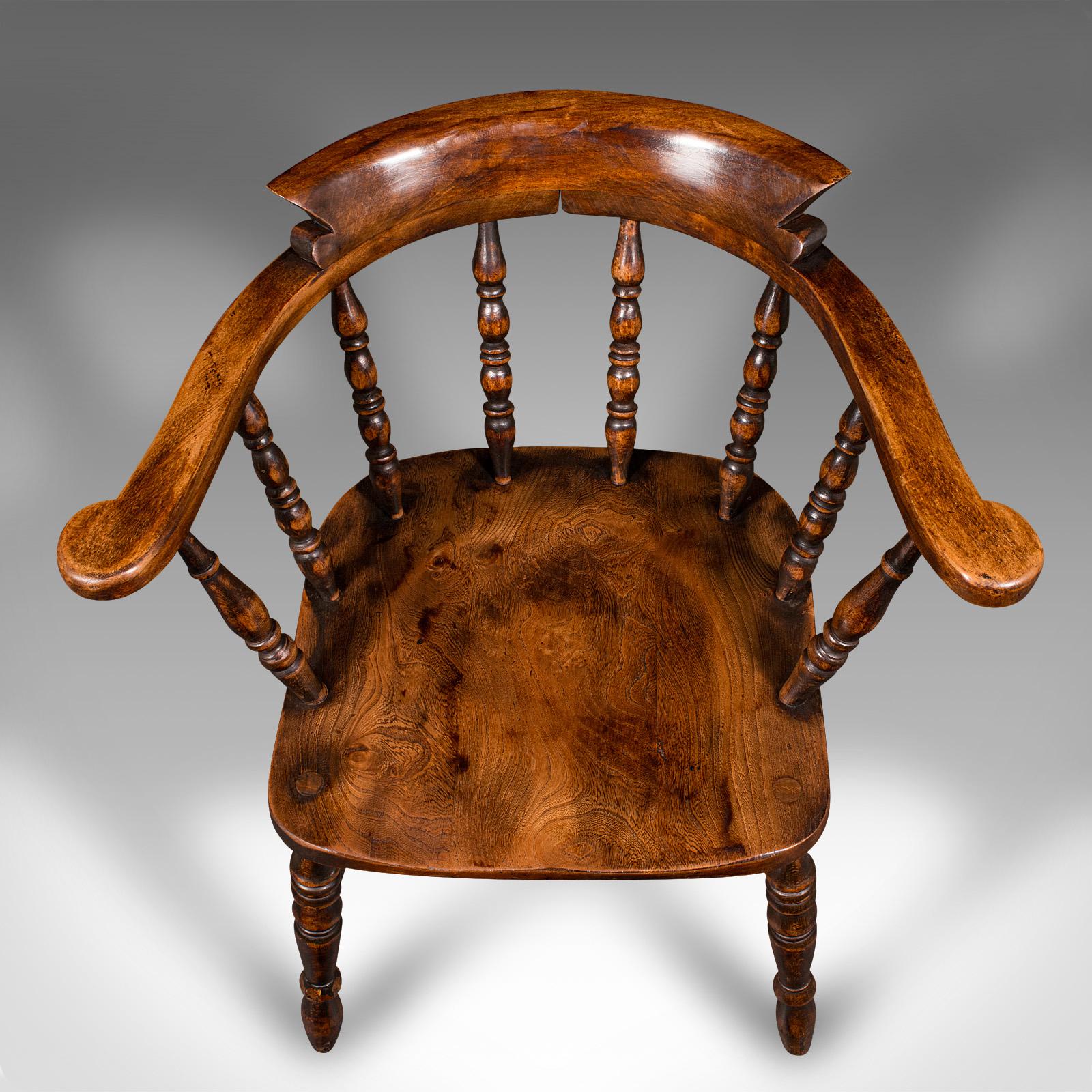 Pair Of Antique Smoker's Bow Chairs, English Beech Captain's Armchair, Victorian 2