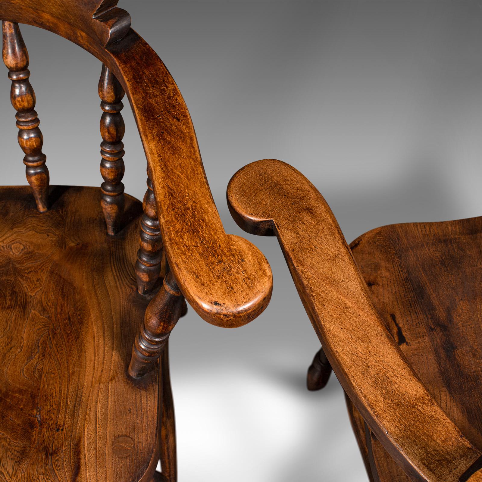 Pair Of Antique Smoker's Bow Chairs, English Beech Captain's Armchair, Victorian 3