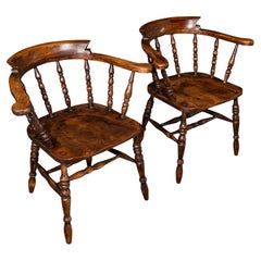 Pair Of Antique Smoker's Bow Chairs, English Beech Captain's Armchair, Victorian