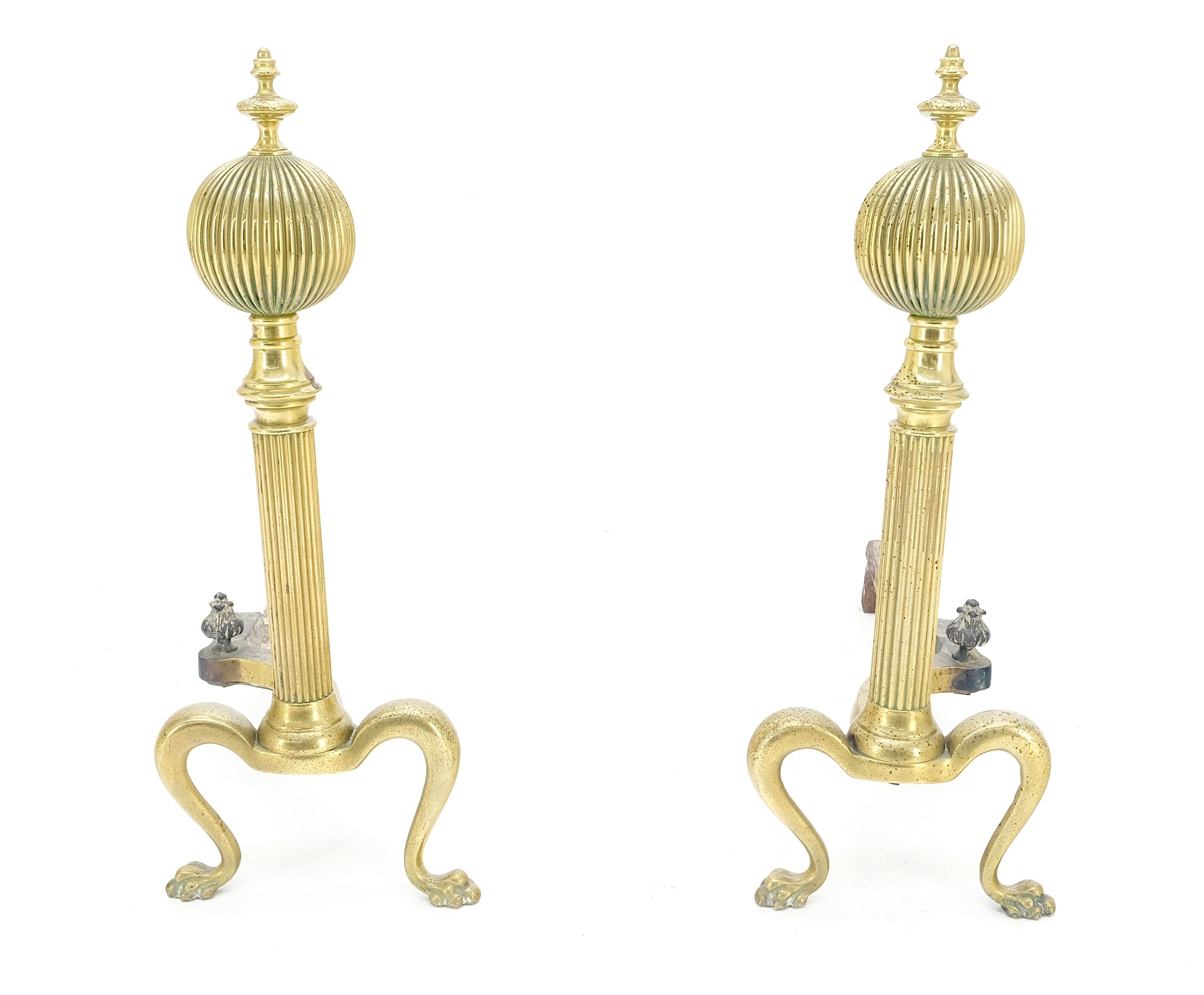 American Pair of Antique Solid Brass Ball Top Claw Feet Fireplace 22