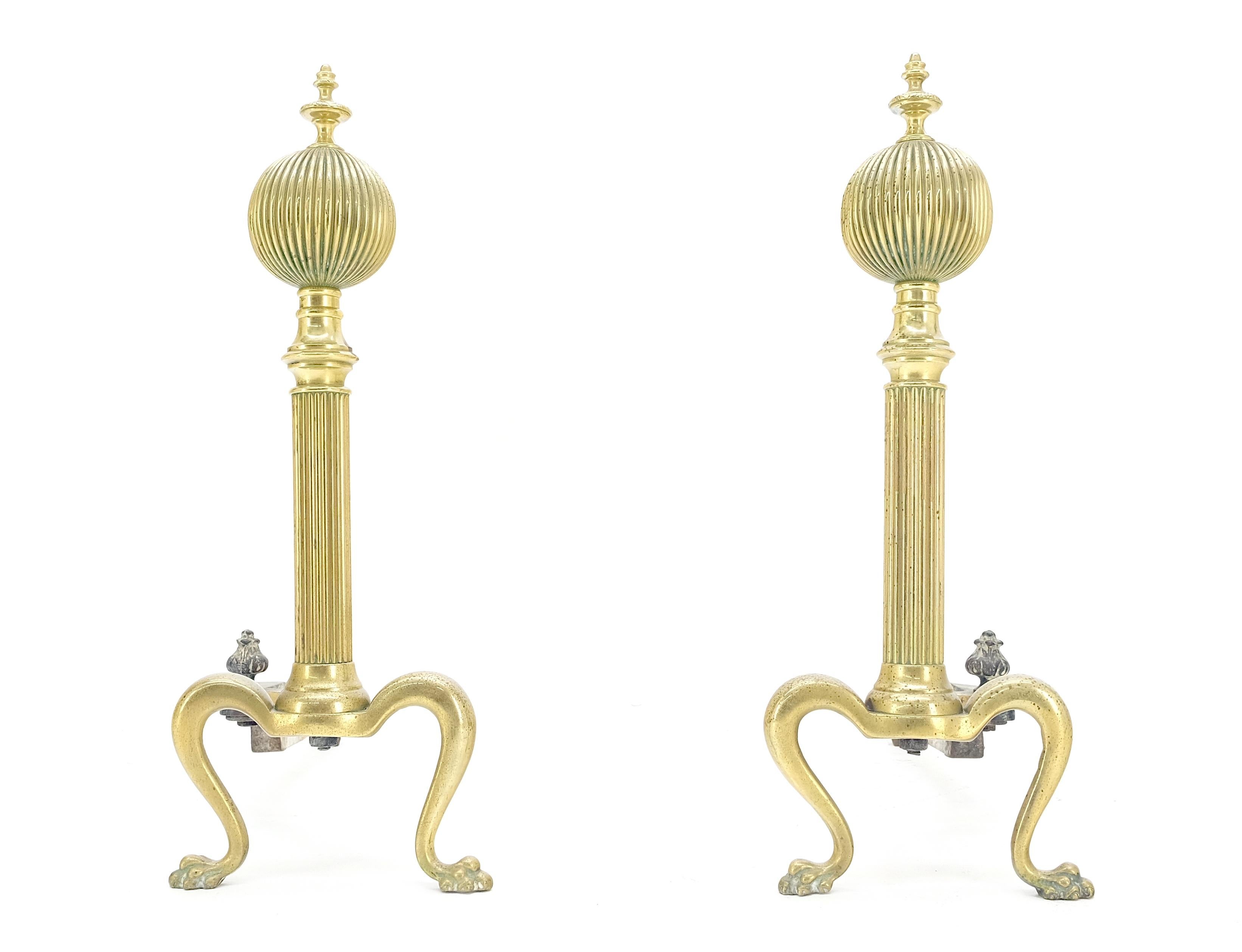 Cast Pair of Antique Solid Brass Ball Top Claw Feet Fireplace 22