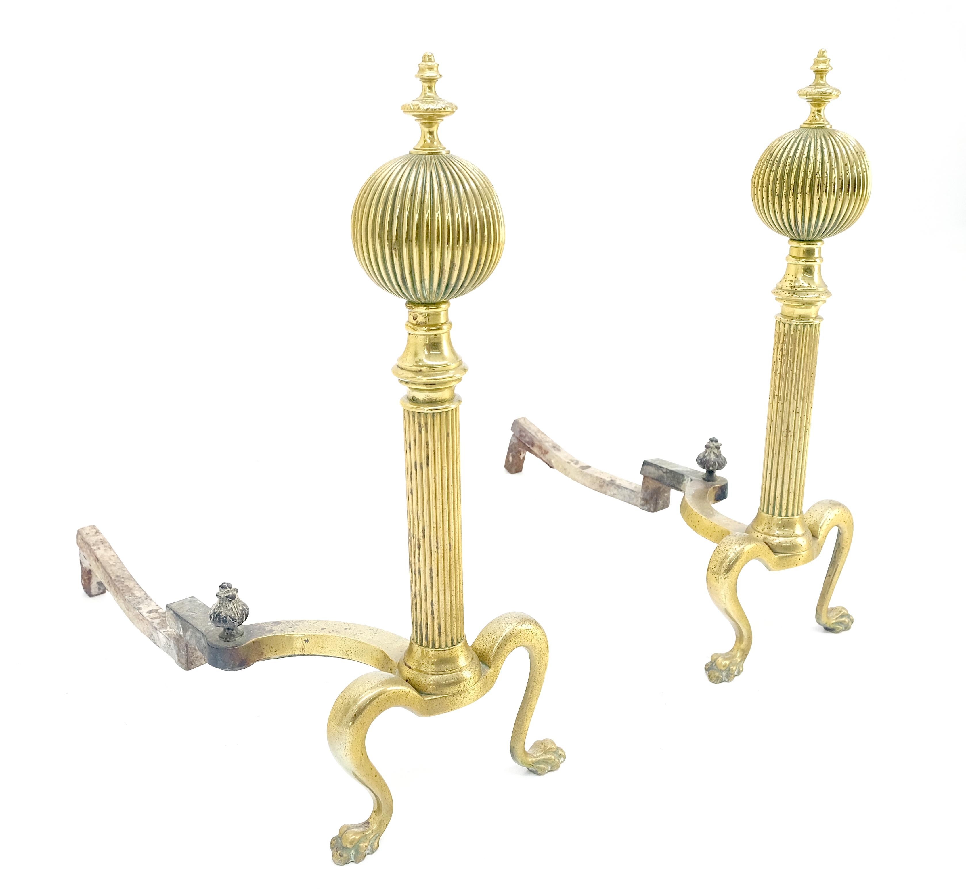 Pair of Antique Solid Brass Ball Top Claw Feet Fireplace 22