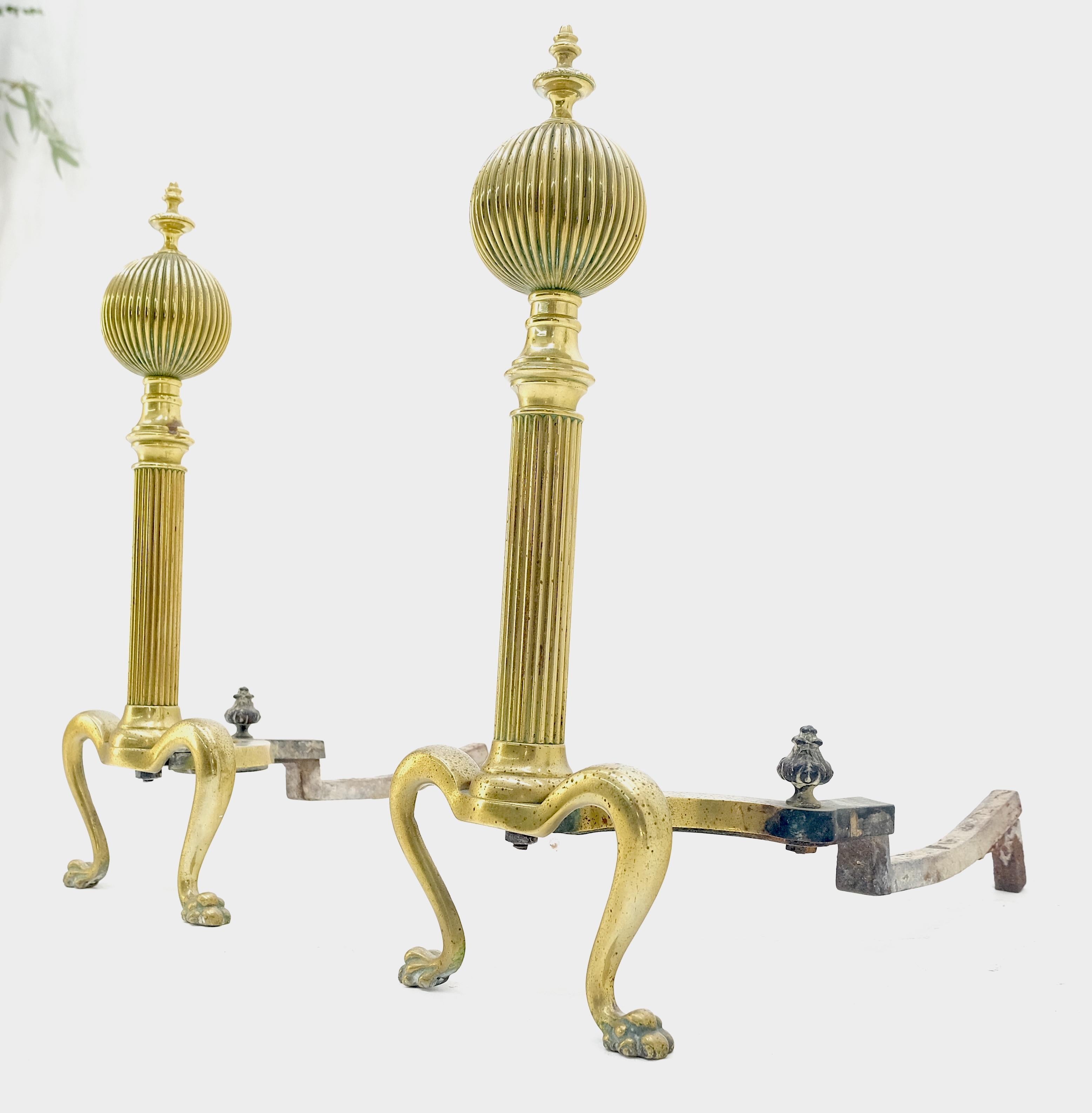 20th Century Pair of Antique Solid Brass Ball Top Claw Feet Fireplace 22