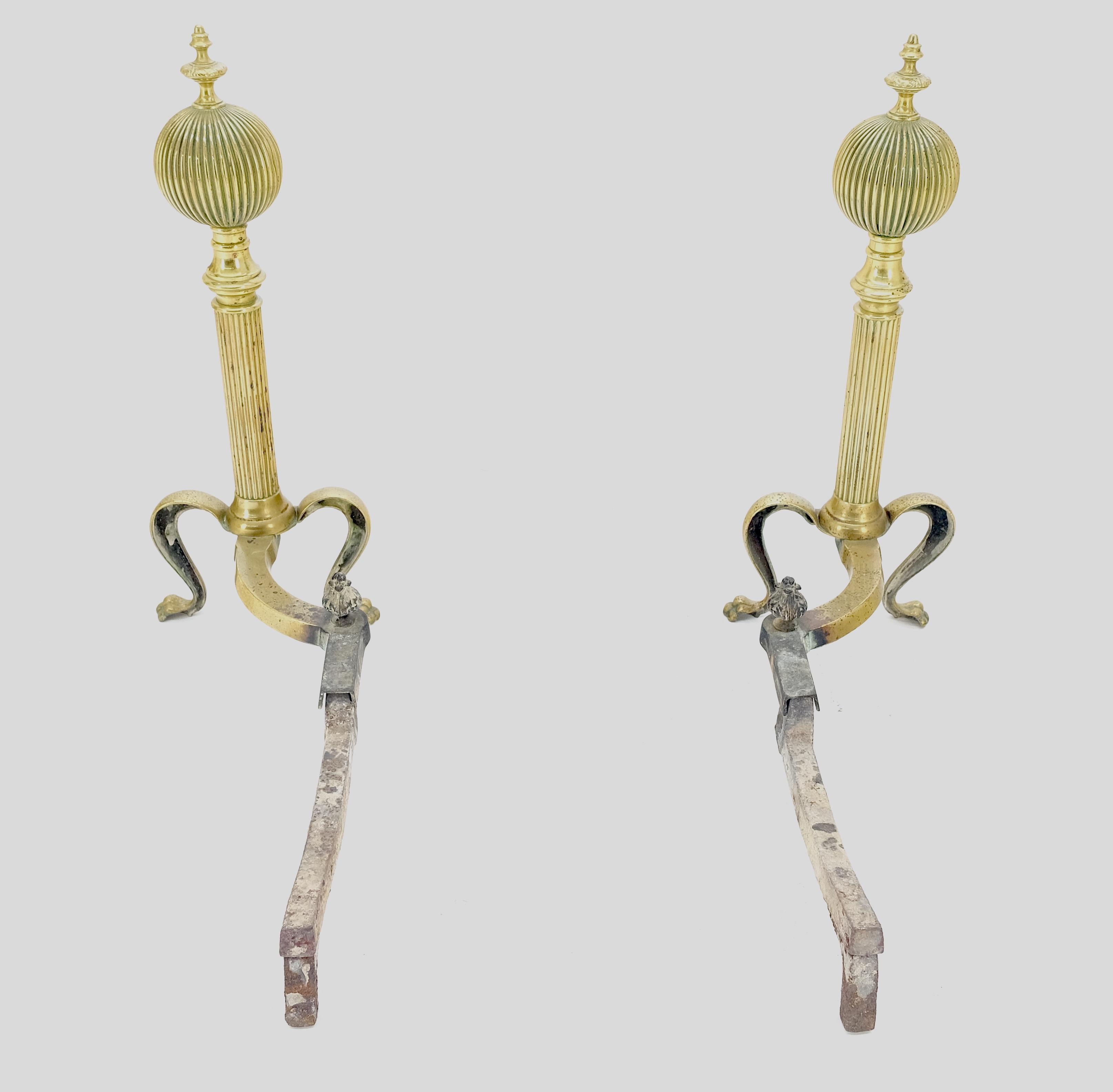 Pair of Antique Solid Brass Ball Top Claw Feet Fireplace 22