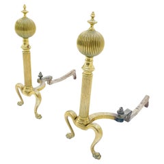 Pair of Antique Solid Brass Ball Top Claw Feet Fireplace 22" Tall End Irons MINT