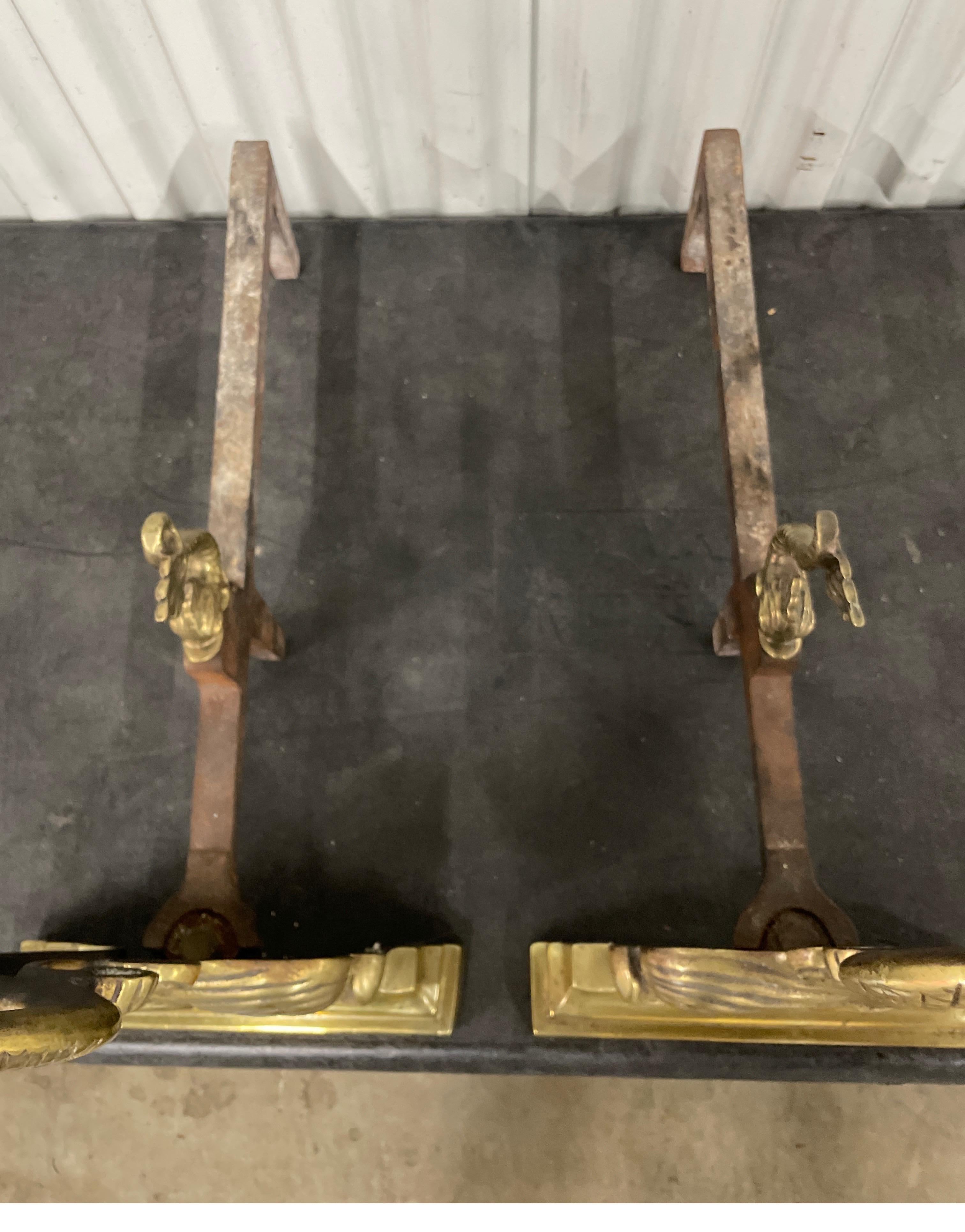 Iron Pair of Antique Solid Brass Dolphin Andirons For Sale