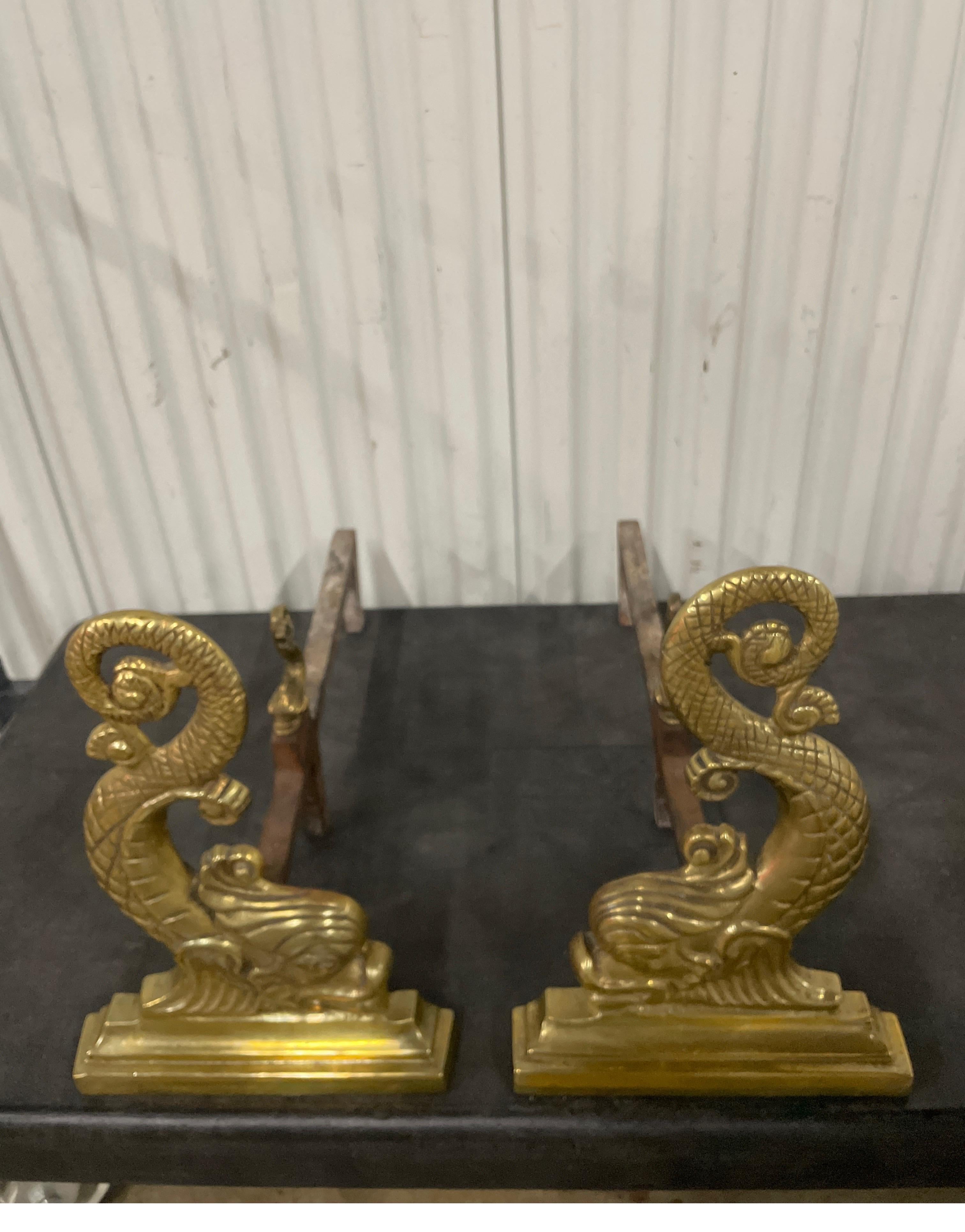 Pair of Antique Solid Brass Dolphin Andirons For Sale 1