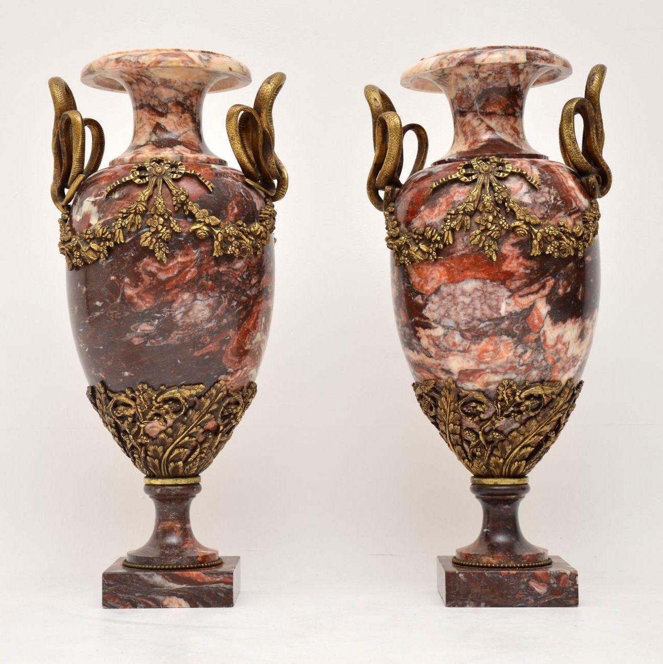 Pair of Antique Solid Marble and Gilt Bronze Urns 5
