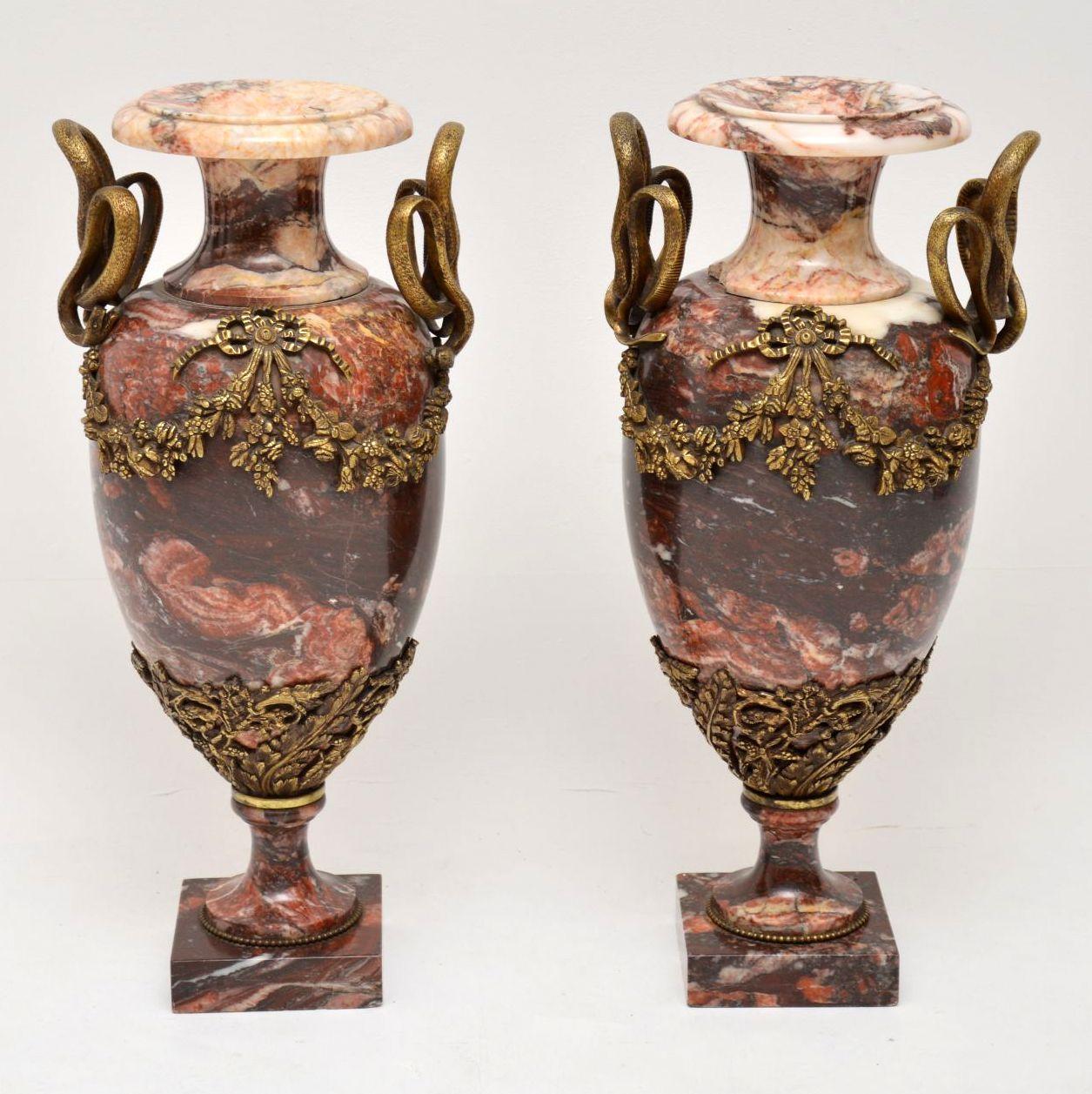 Pair of Antique Solid Marble and Gilt Bronze Urns 6