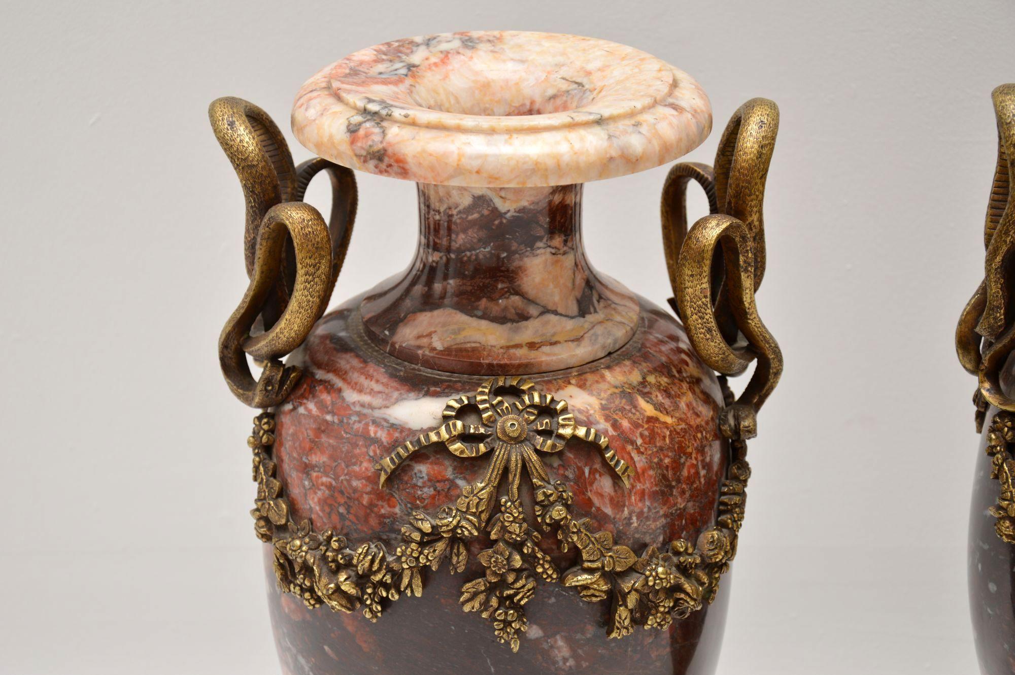 19th Century Pair of Antique Solid Marble and Gilt Bronze Urns