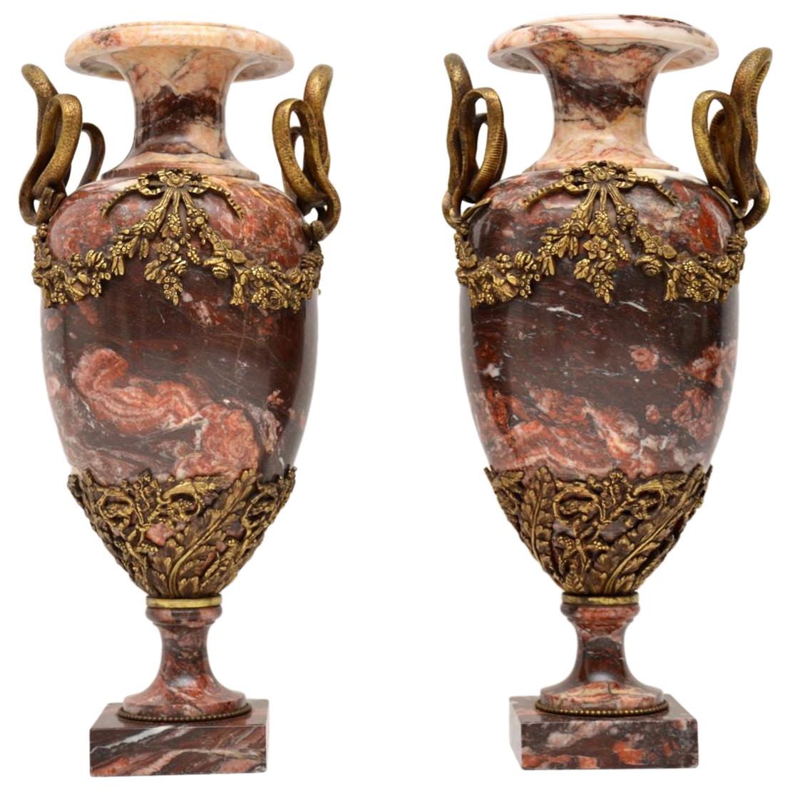 Pair of Antique Solid Marble and Gilt Bronze Urns