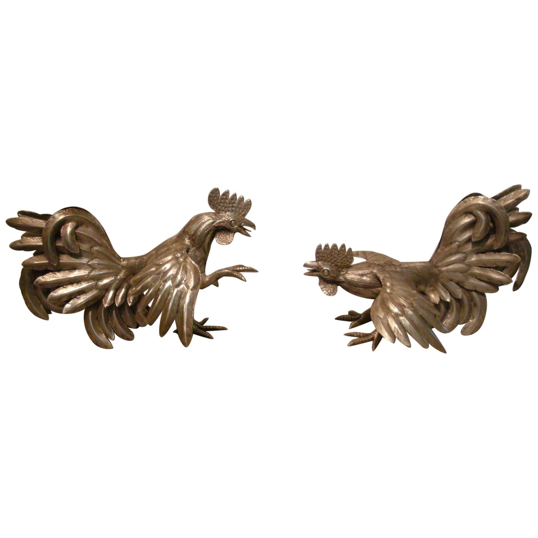 Pair of Antique Solid Silver Cockerels or Roosters in an Attitude of Fighting