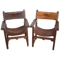 Pair of Antique Spanish Baroque Revival Style Leather Armchairs