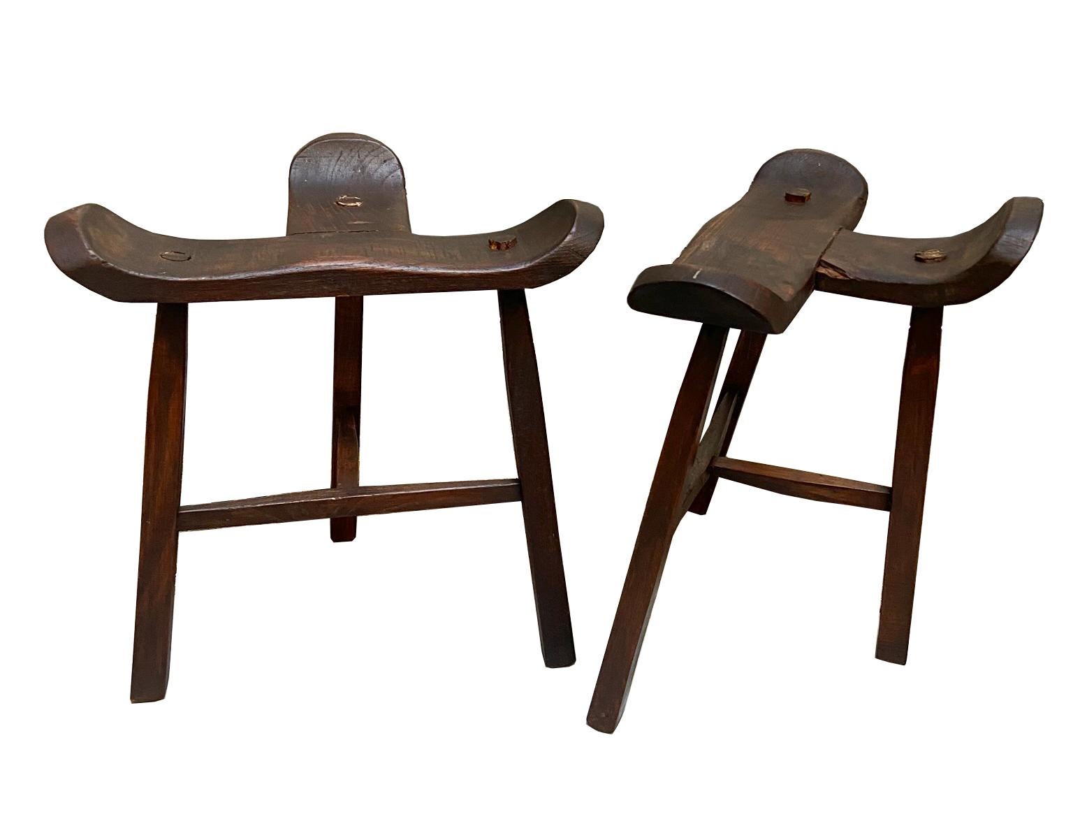 Mid-20th Century Pair of Antique Spanish Carved Wood Stools, 1950s